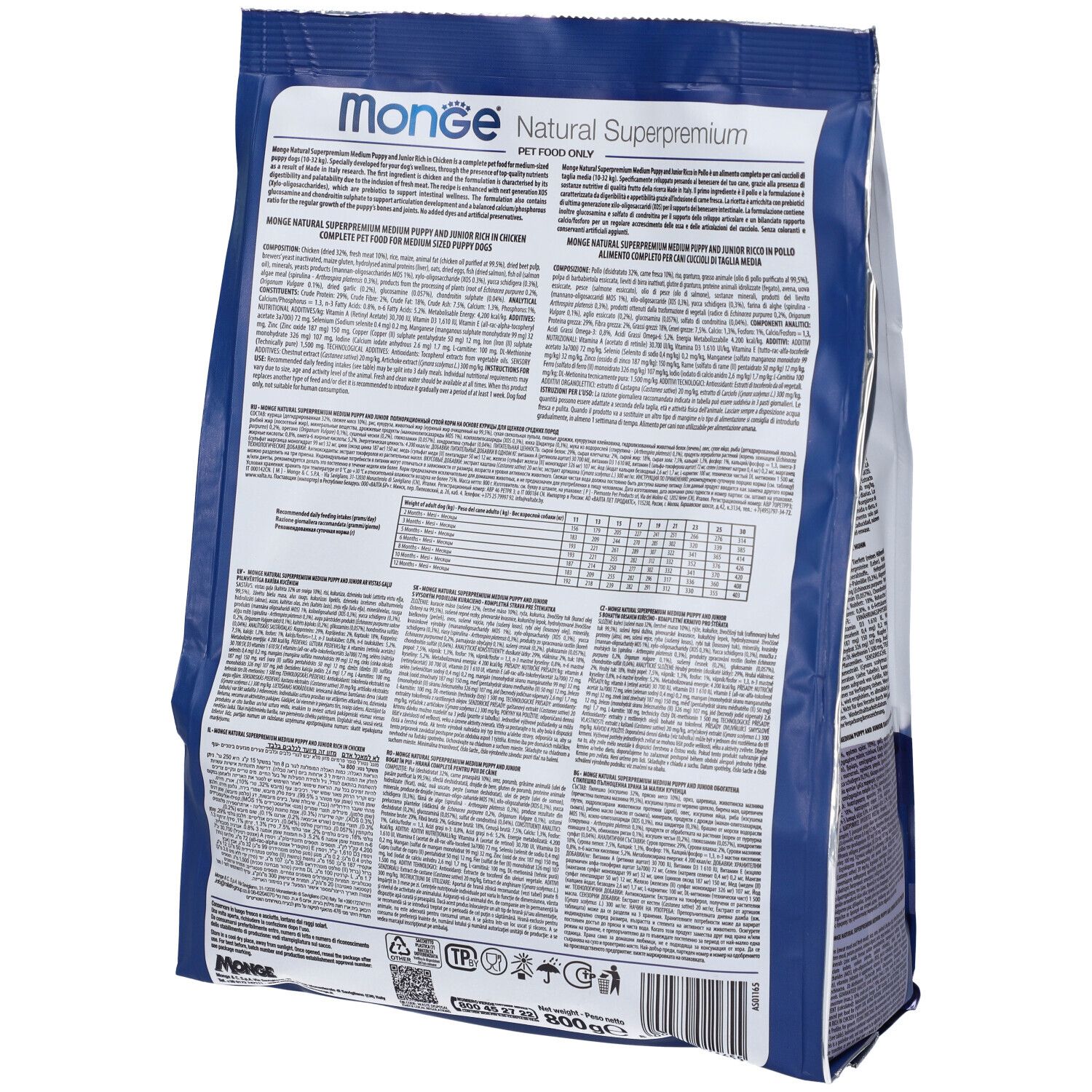 Retro del sacchetto Monge Daily Line. Testo con ingredienti e informazioni nutrizionali. Design blu e bianco.