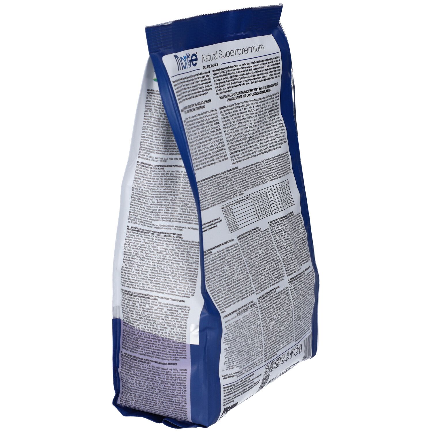 Sacchetto Monge Daily Line, vista laterale. Testo con ingredienti e informazioni nutrizionali. Design blu e bianco.