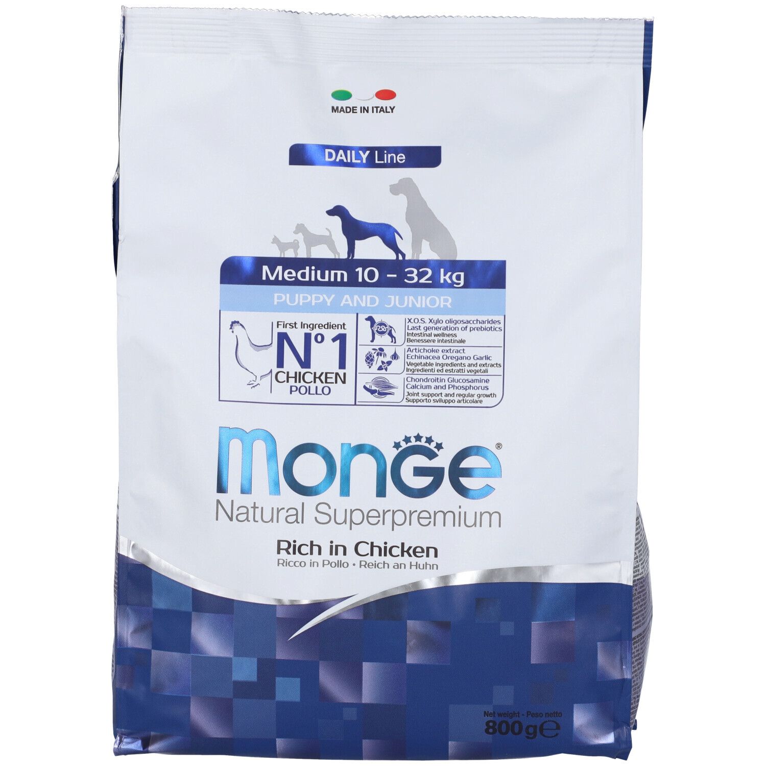 Sacchetto di cibo per cani Monge Daily Line, Medium Puppy & Junior, pollo. Design bianco e blu. 800g.