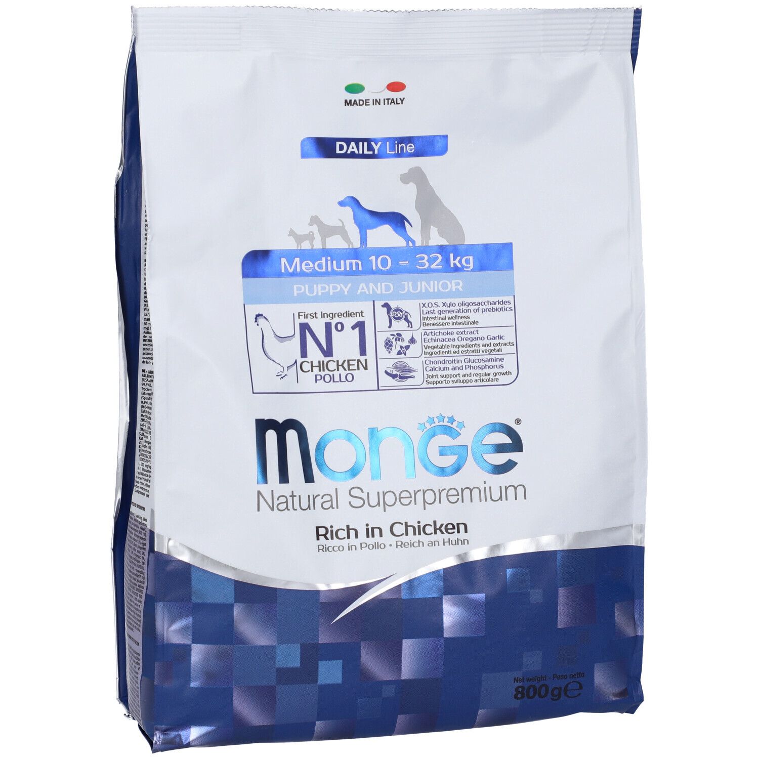 Sacchetto di cibo per cani Monge Daily Line, Medium Puppy & Junior, pollo. Design bianco e blu. 800g.
