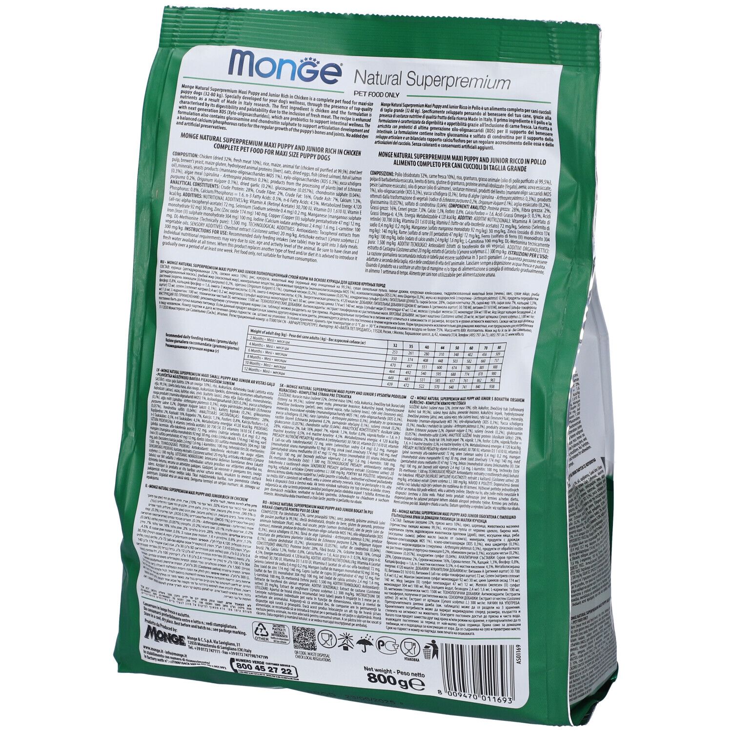 Retro del sacchetto di cibo per cani Monge. Informazioni testuali, valori nutrizionali, lista ingredienti. 800g.