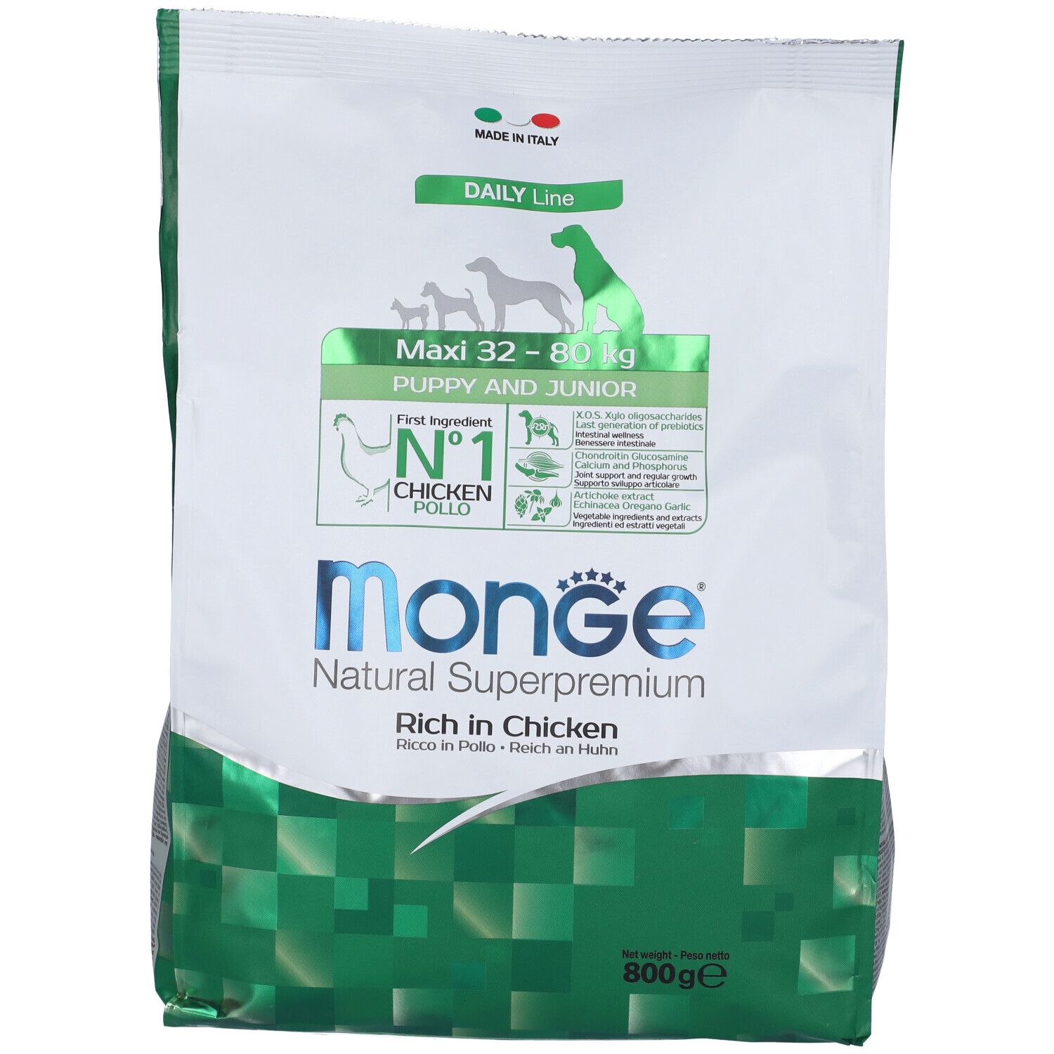 Sacchetto cibo per cani Monge, Puppy & Junior, pollo. Confezione verde e bianca, 800g. Logo e nome prodotto.