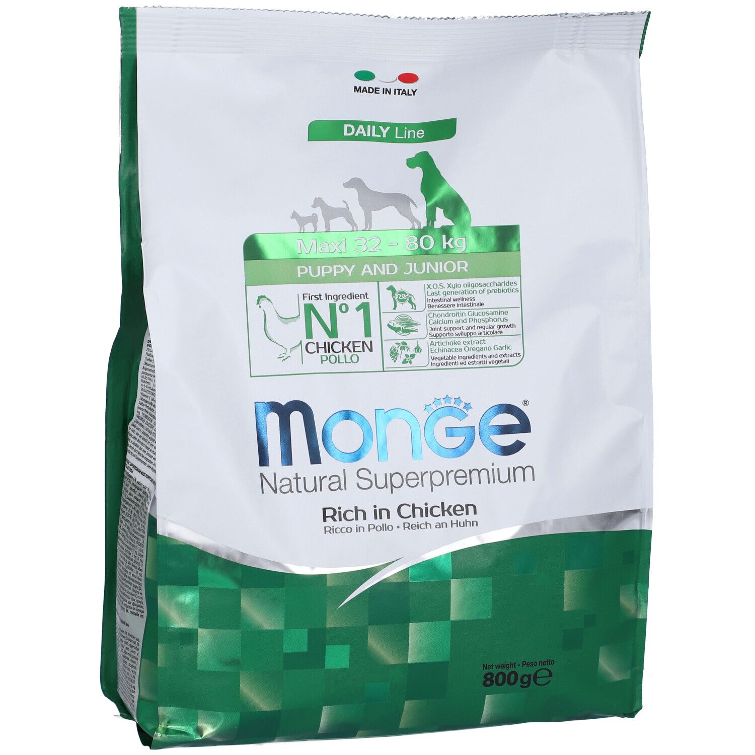Sacchetto cibo per cani Monge, Puppy & Junior, pollo. Confezione verde e bianca, 800g. Nome prodotto e logo.
