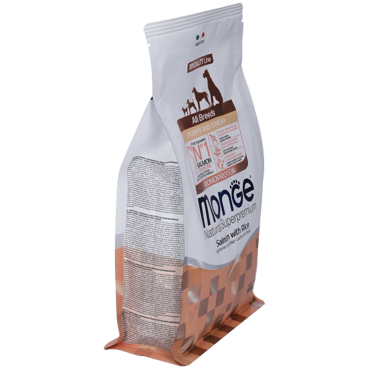 Sacchetto di cibo per cani Monge, in diagonale. Scritto: Monoproteico, Salmone con Riso. Immagine di cani. Con accenti marroni.
