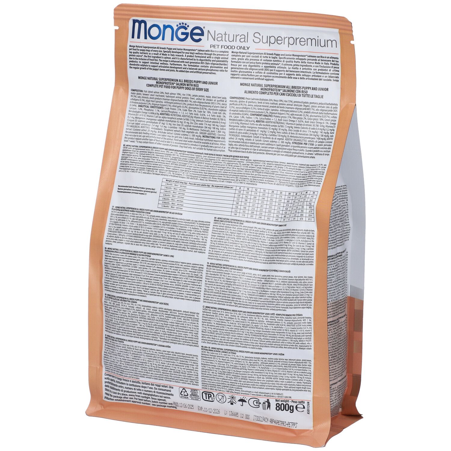 Retro del sacchetto di cibo per cani Monge. Informazioni testuali, valori nutrizionali e ingredienti. Confezione marrone e bianca.