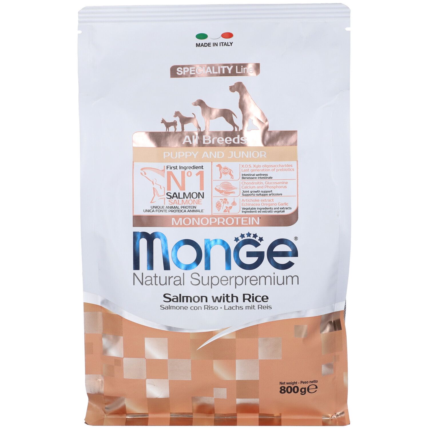 Sacchetto di cibo per cani Monge Natural Superpremium. Scritto: Monoproteico, Salmone con Riso, 800g. Immagine di cani.