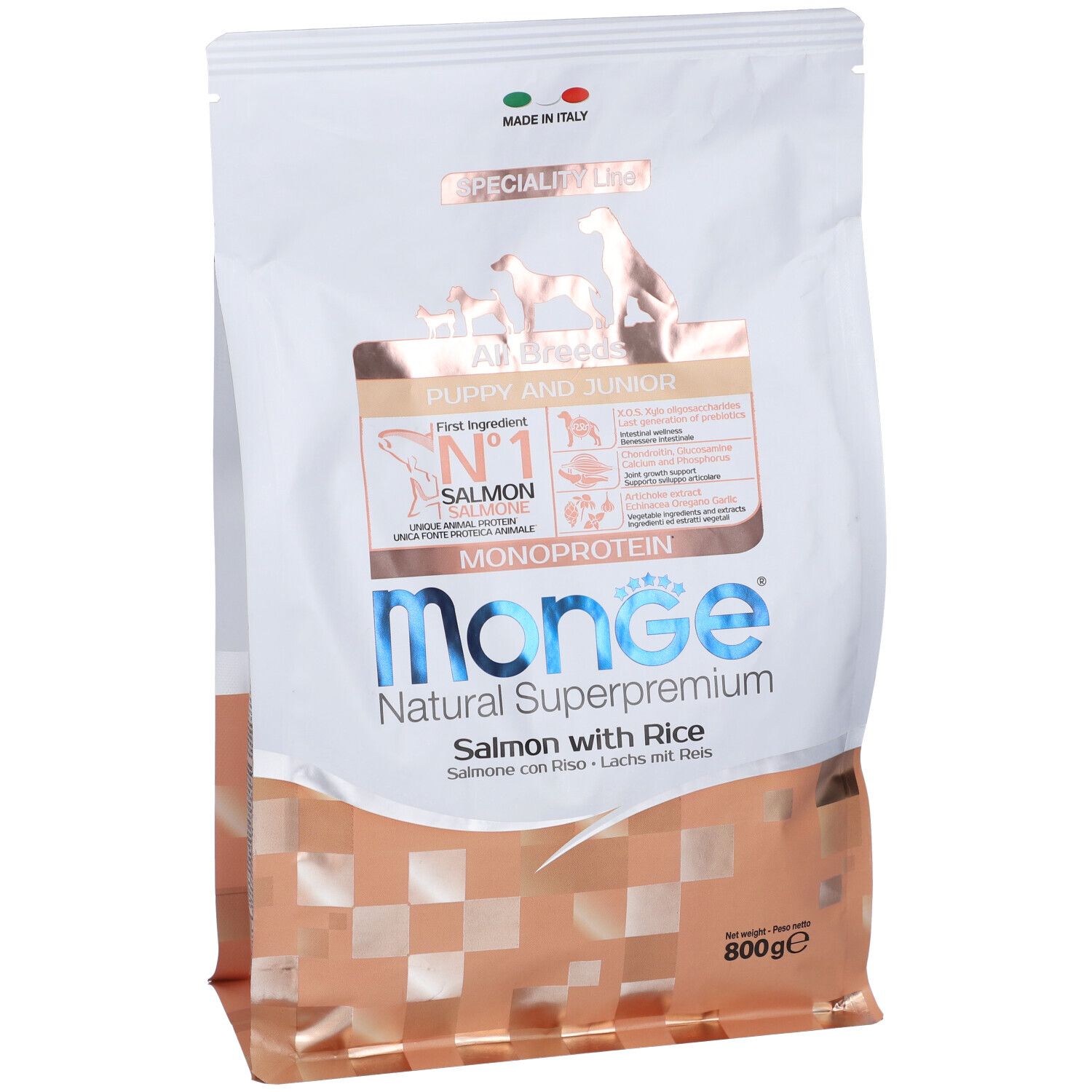 Sacchetto di cibo per cani Monge Natural Superpremium. Scritto: Monoproteico, Salmone con Riso, 800g. Immagine di cani.