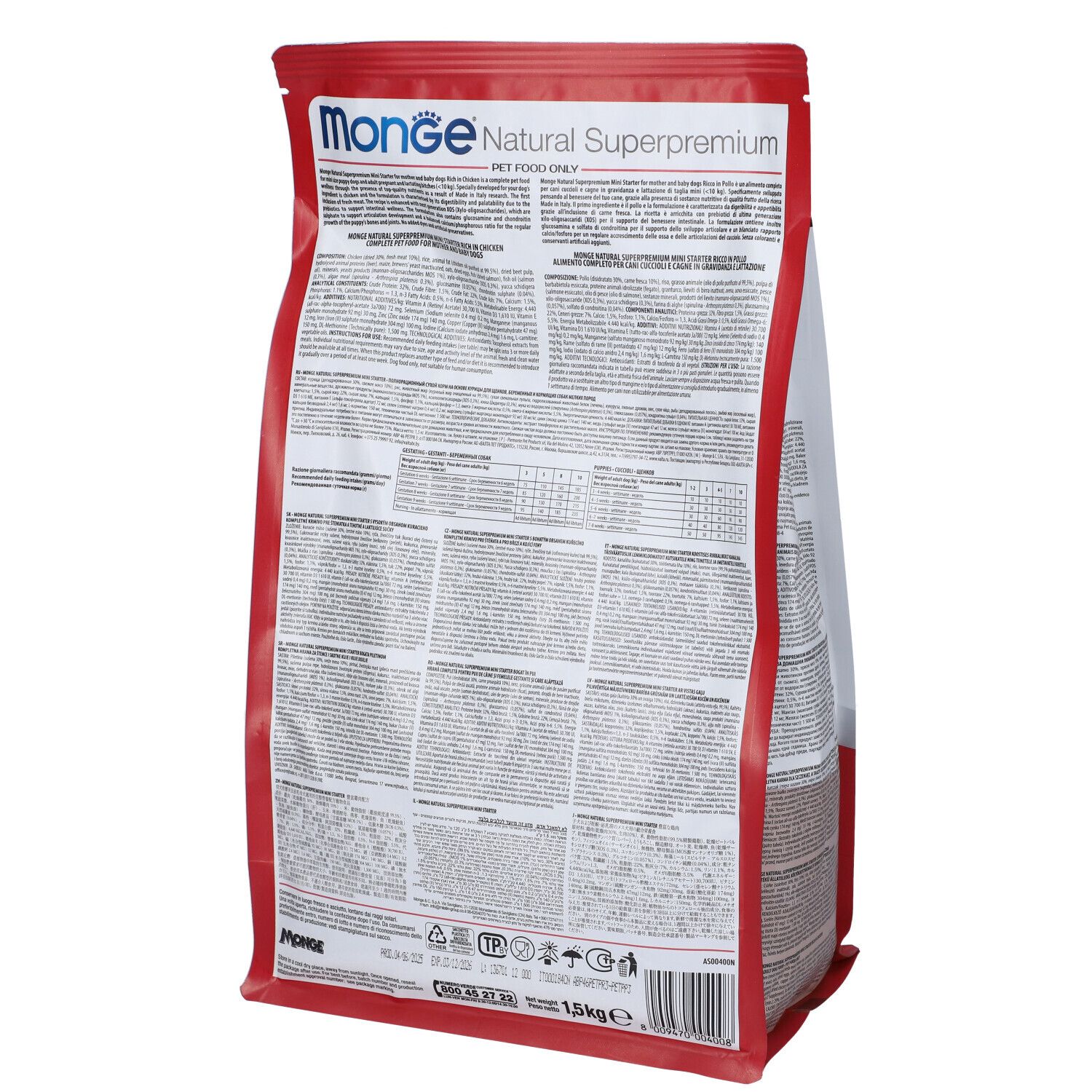 Retro del sacco di cibo per cani Monge Daily Line Mini Starter. Informazioni e valori nutrizionali. 1,5 kg.