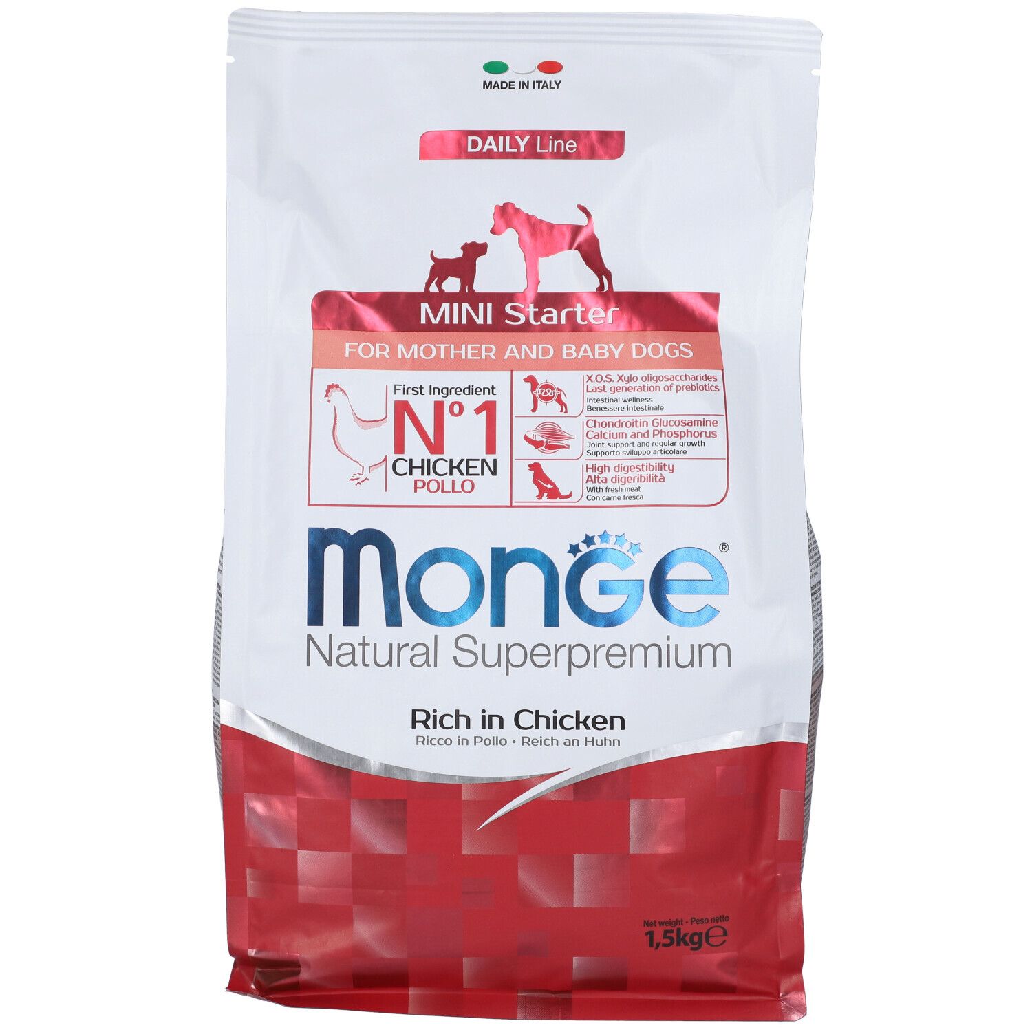 Monge Daily Line Mini Starter per cani, sacco da 1,5 kg. Contiene pollo. Per madri e cuccioli. Natural Superpremium.