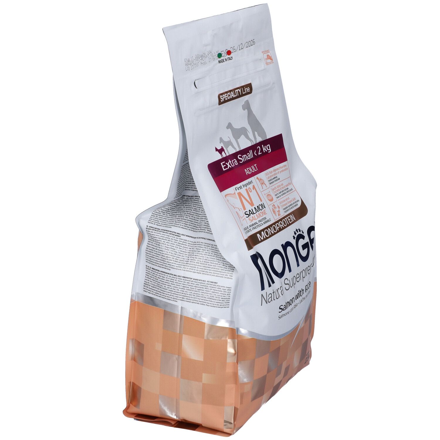 Sacchetto di cibo per cani Monge, vista laterale. Scritto: salmone e riso, per cani extra small. 2,5 kg.