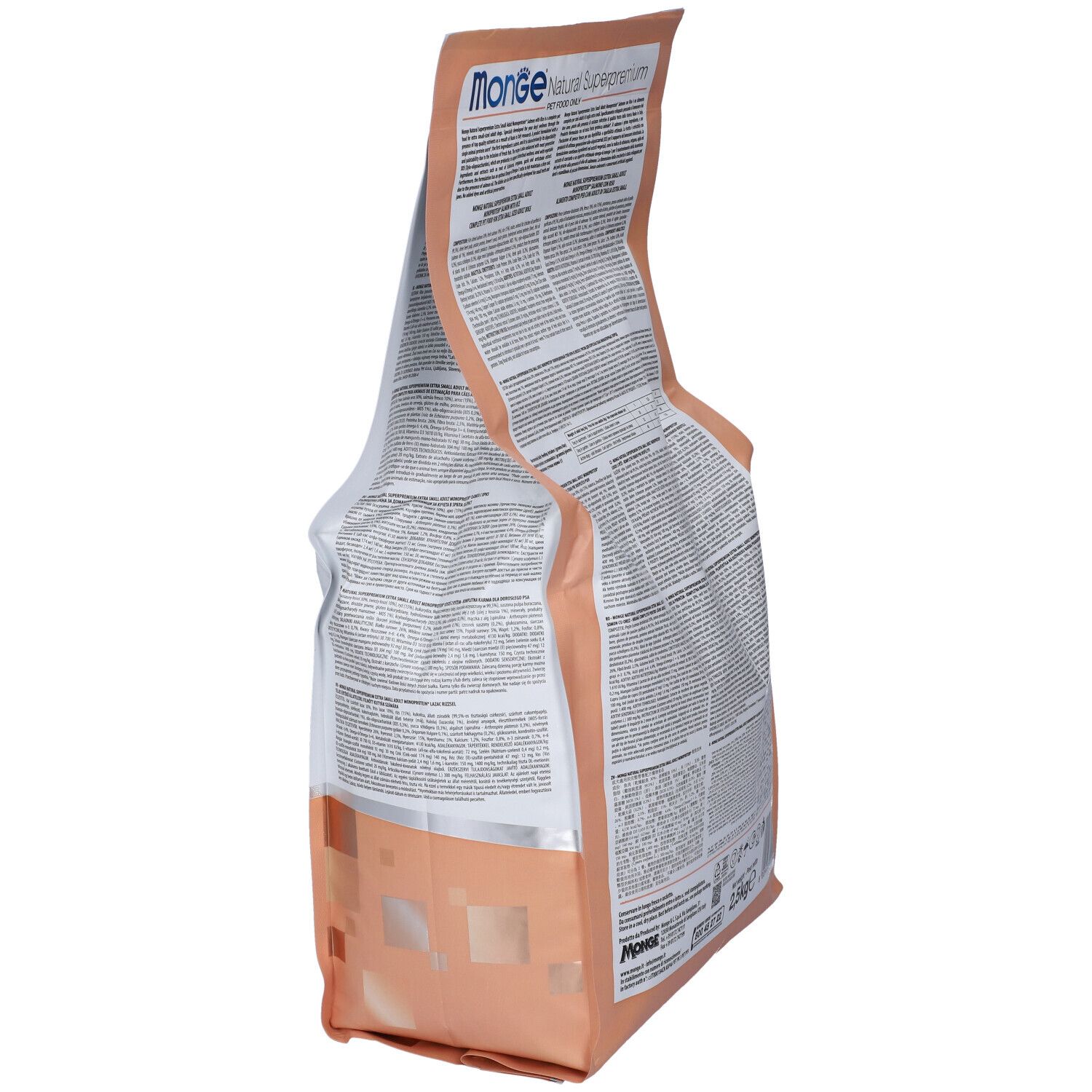 Sacchetto di cibo per cani Monge, vista posteriore. Testo multilingue. 2,5 kg. Solo per alimenti per animali.