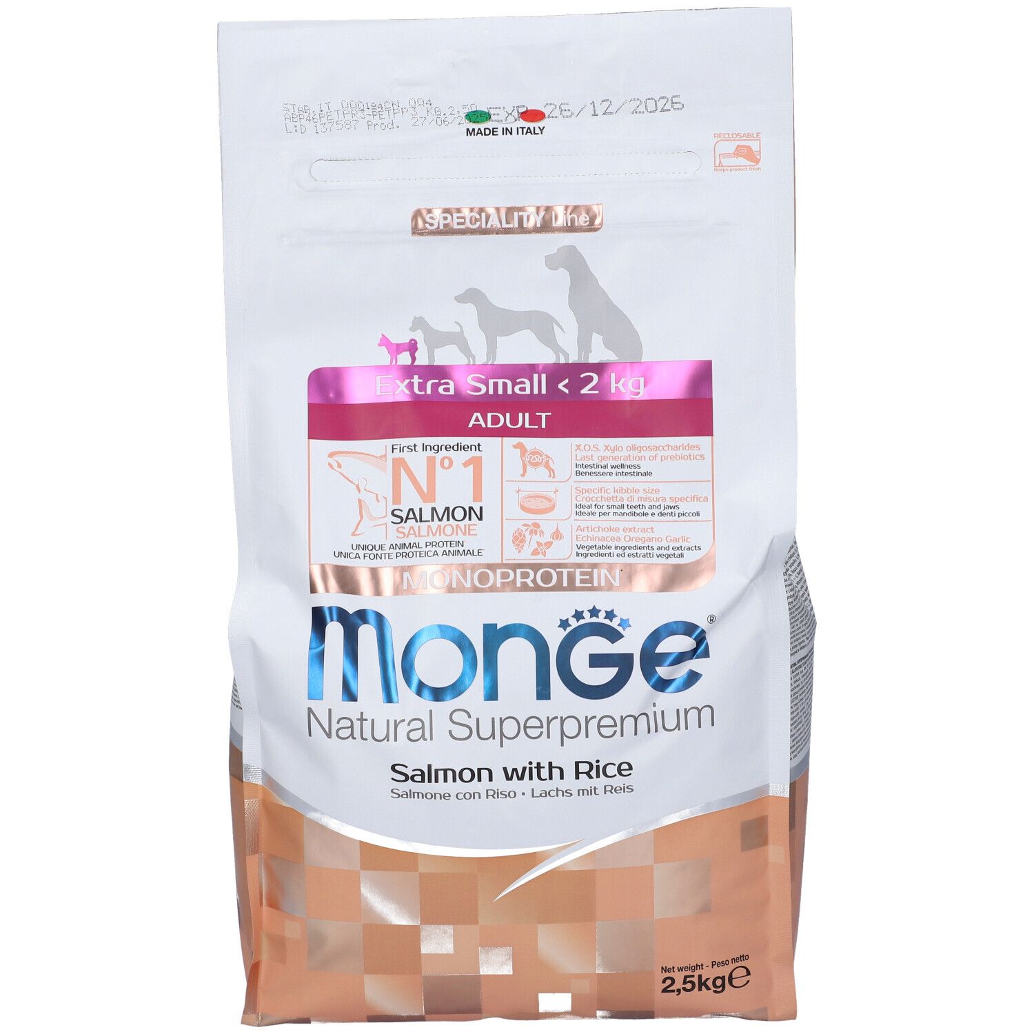 Sacchetto di cibo per cani. Monge Natural Superpremium, salmone e riso. Per cani extra small < 2 kg. 2,5 kg.