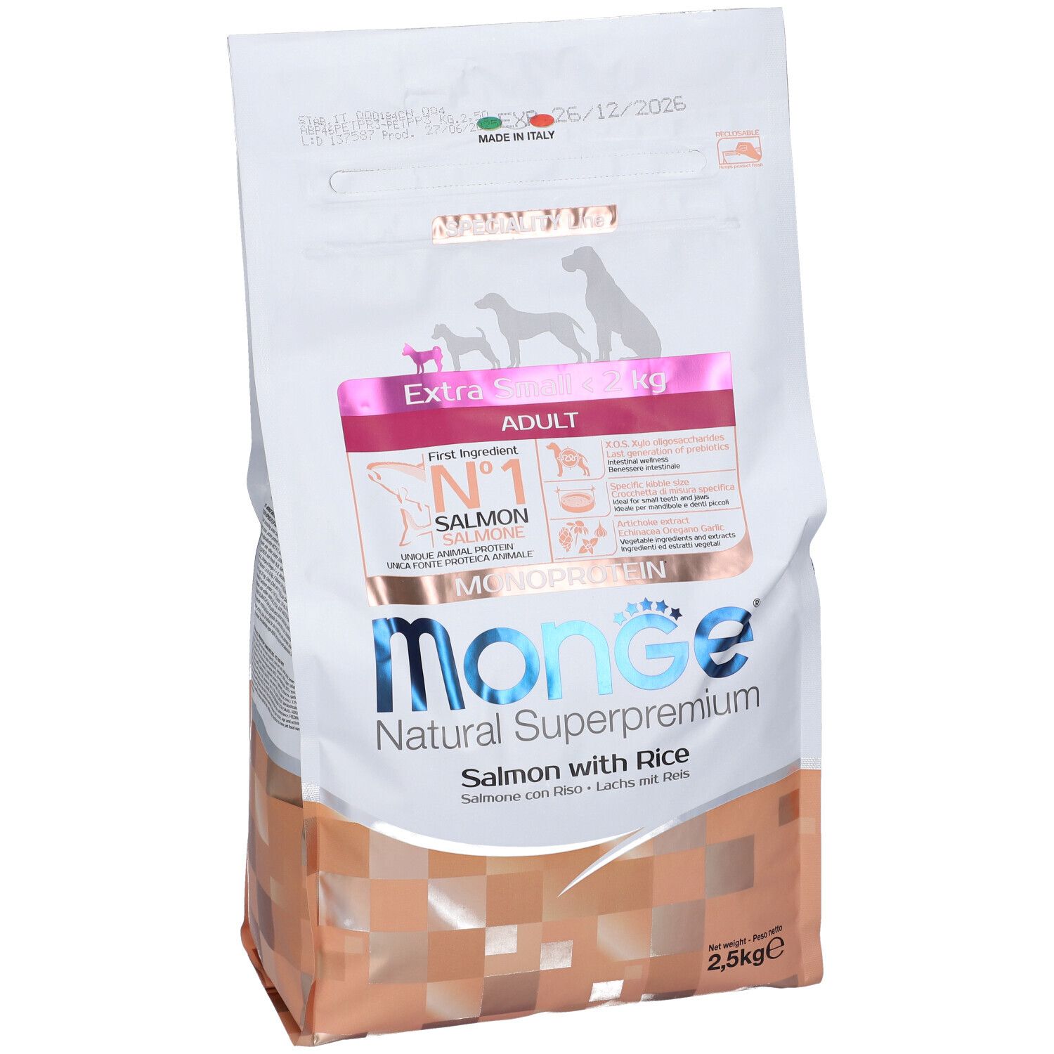 Sacchetto di cibo per cani. Monge Natural Superpremium, salmone e riso. Per cani extra small < 2 kg. 2,5 kg.