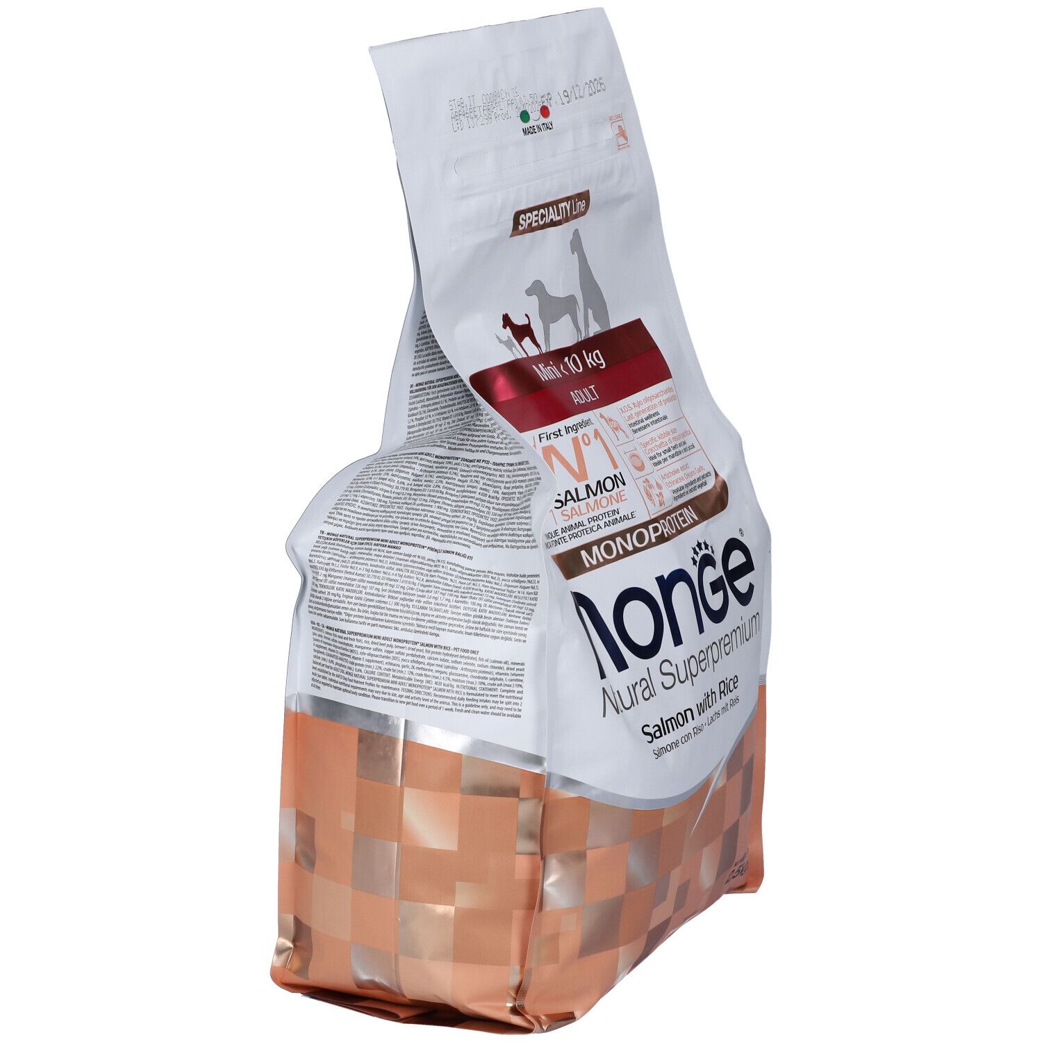 Sacchetto di cibo per cani Monge, in diagonale. Bianco, con accenti rossi e marroni. Testo: Monge Natural Superpremium, Salmone con riso. Mini <10 kg.