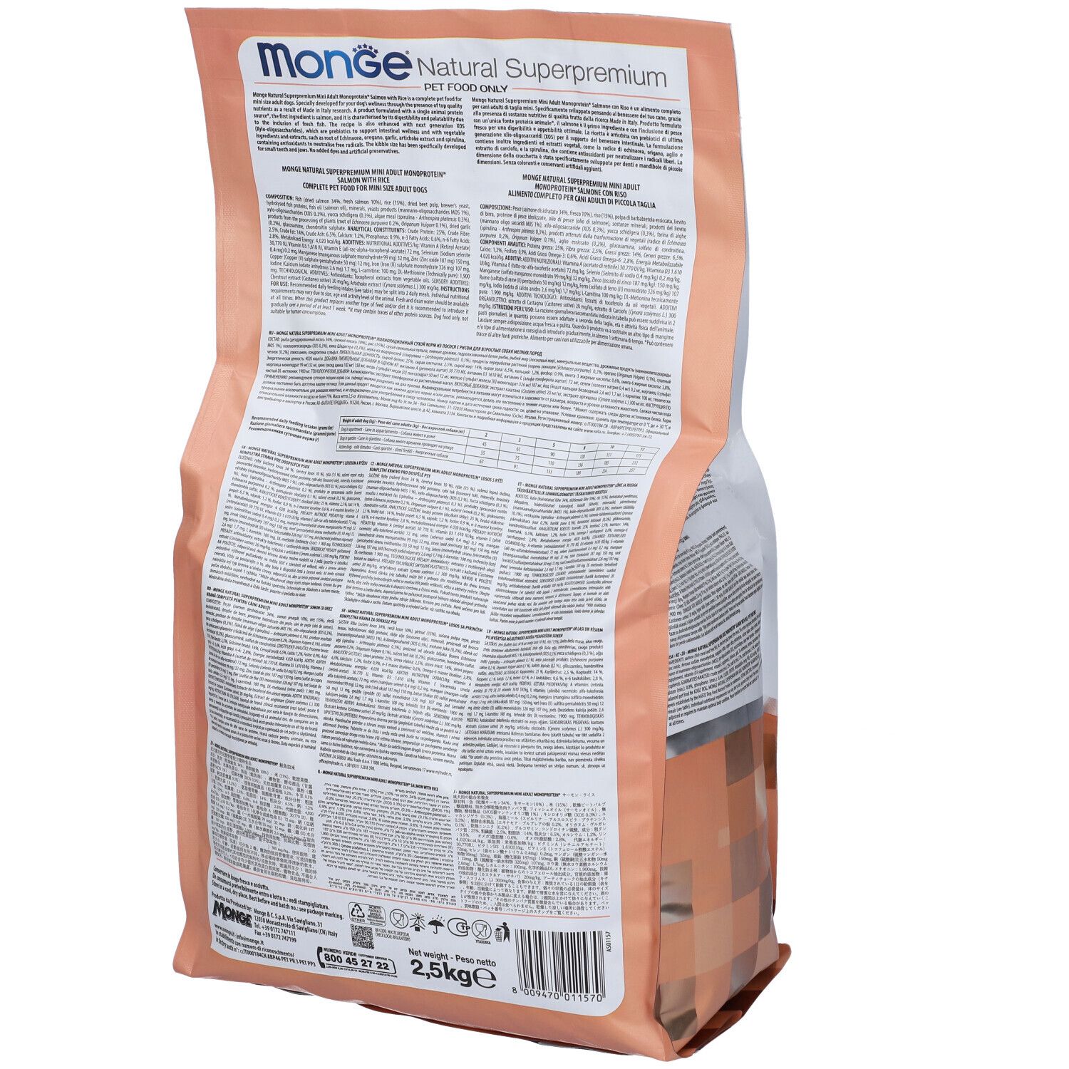 Retro del sacchetto di cibo per cani Monge. Bianco e marrone. Testo: Monge Natural Superpremium. Informazioni e valori nutrizionali.