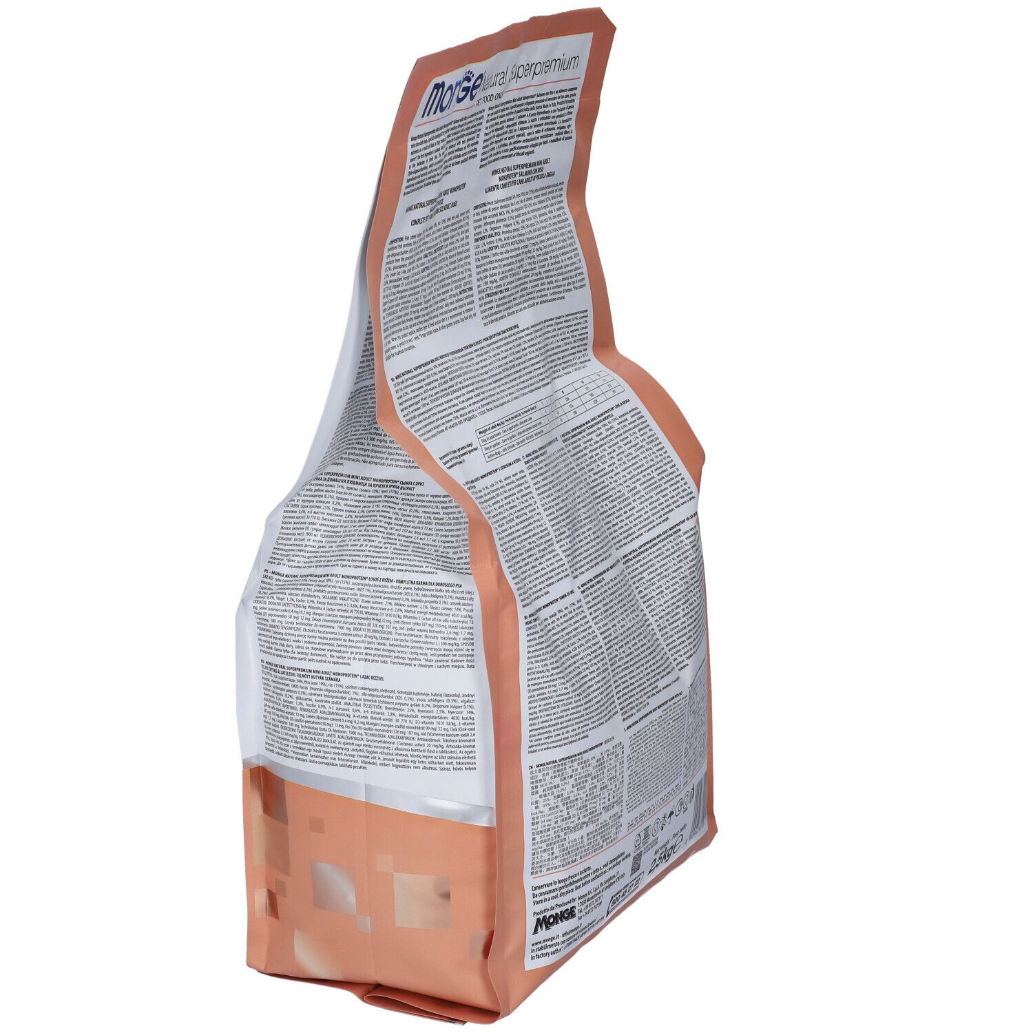 Sacchetto di cibo per cani Monge, in diagonale, retro. Bianco e marrone. Testo: Monge Natural Superpremium. Informazioni e valori nutrizionali.