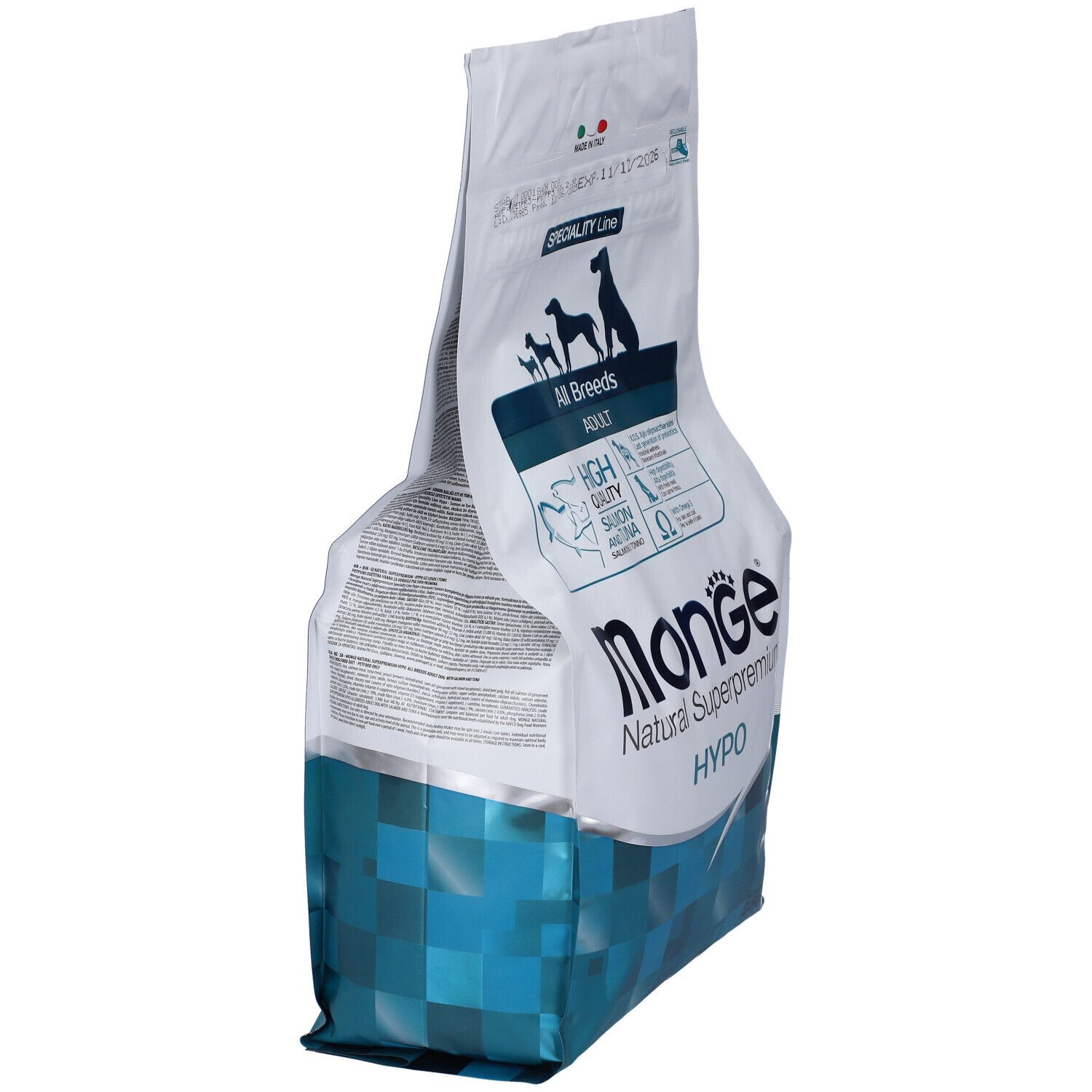 Sacchetto di cibo per cani Monge Hypo, vista laterale. Scritto: All Breeds Adult, Monge Natural Superpremium, Hypo.