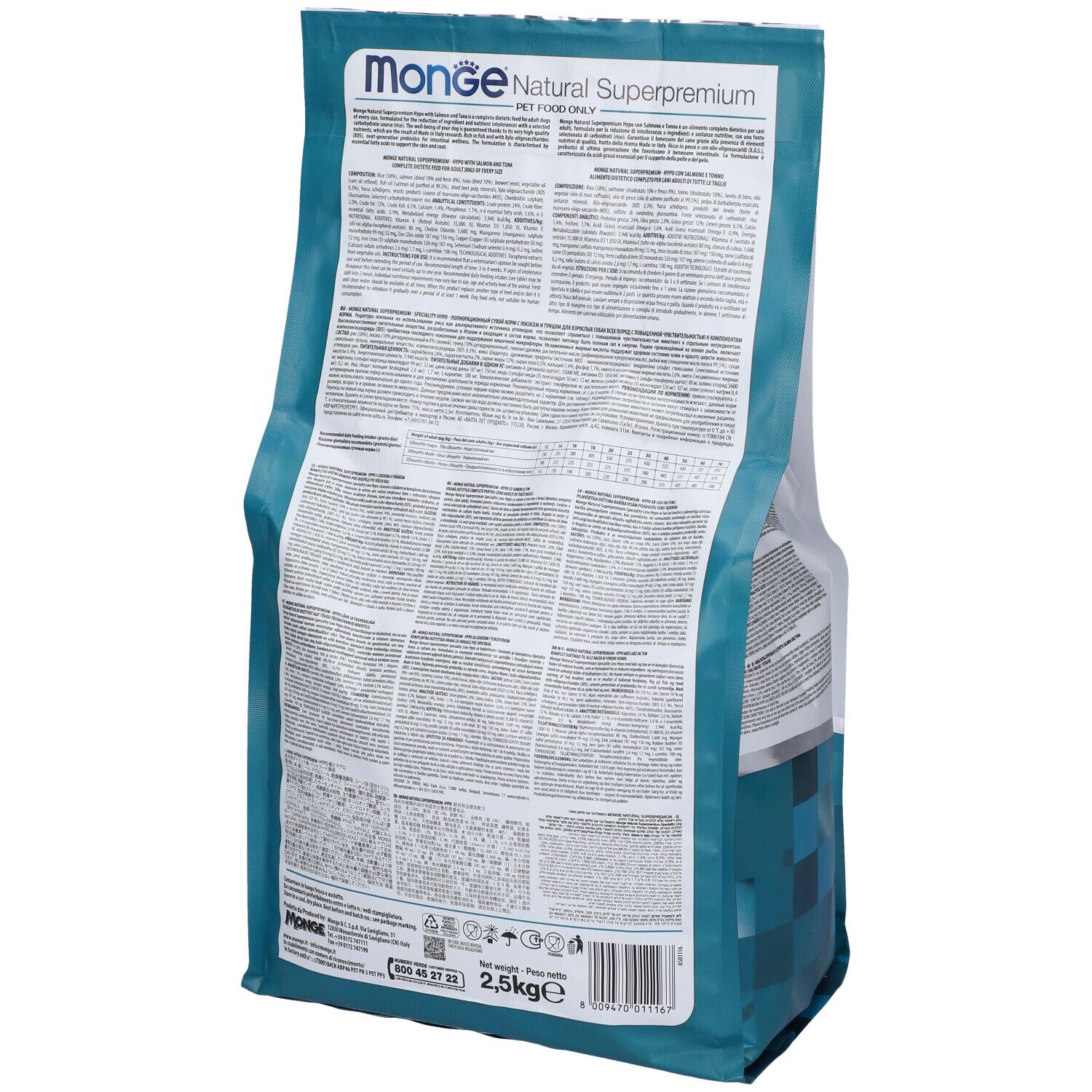 Retro del sacchetto di cibo per cani Monge Hypo. Informazioni testuali e nutrizionali. Scritto: Monge Natural Superpremium, 2,5 kg.