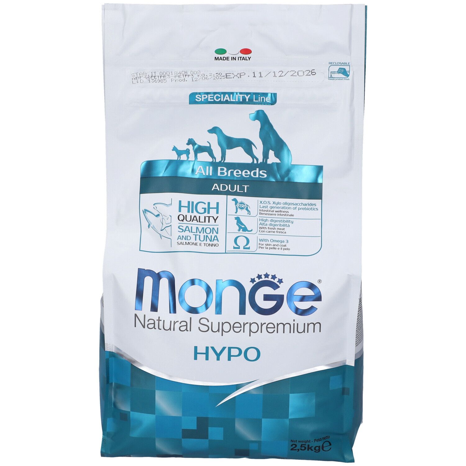 Sacchetto di cibo per cani Monge Hypo. Scritto: All Breeds Adult, High Quality, Salmone & Tonno, 2,5 kg.