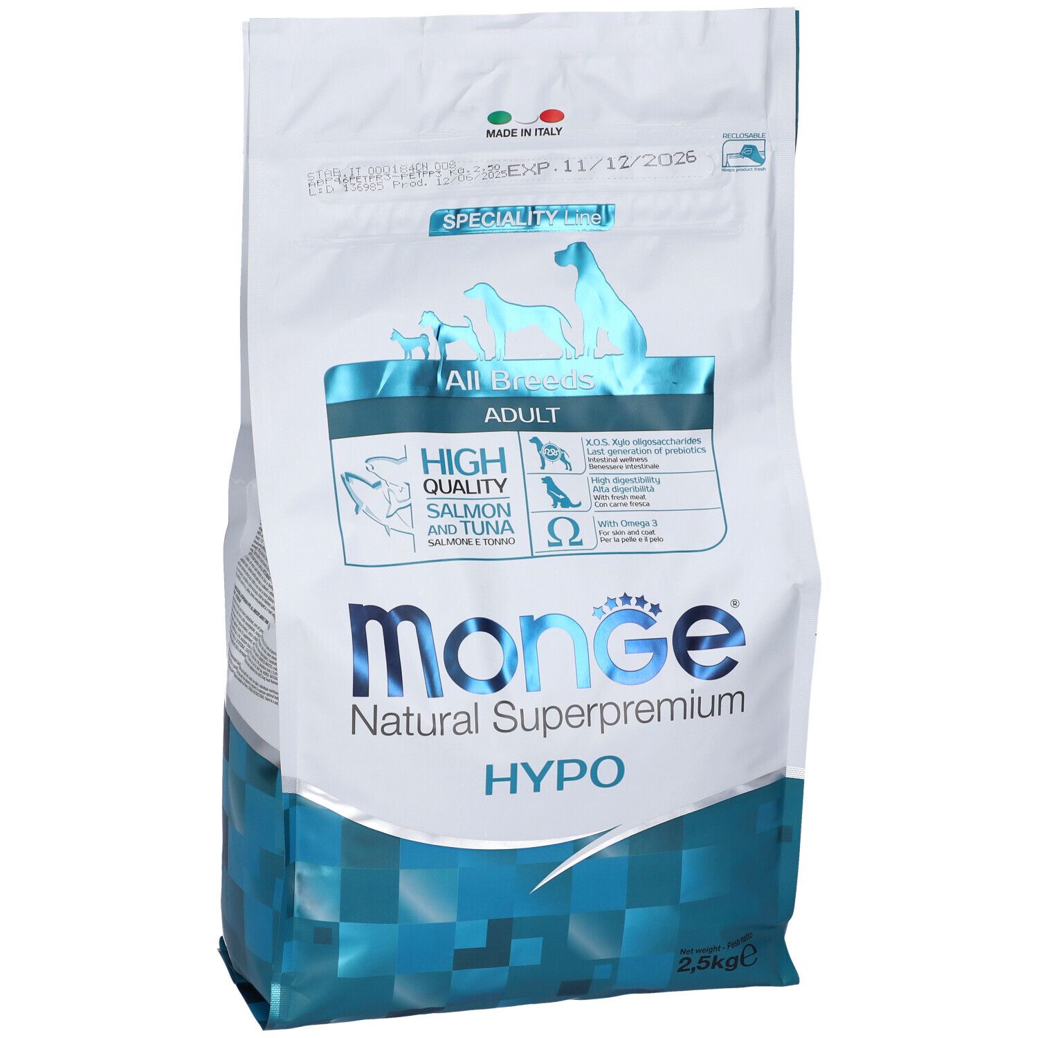 Sacchetto di cibo per cani Monge Hypo. Scritto: All Breeds Adult, High Quality, Salmone & Tonno, 2,5 kg.