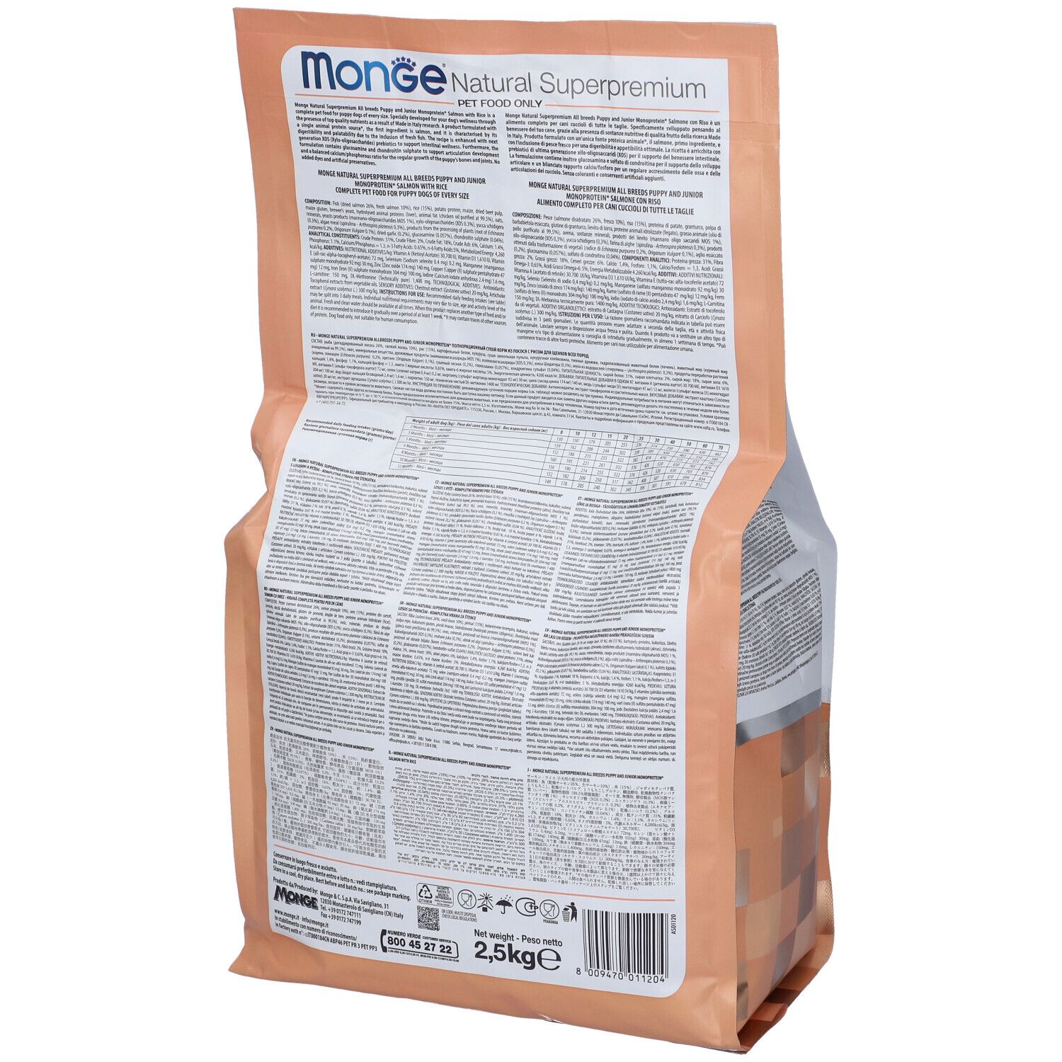 Retro del sacchetto di cibo per cani Monge. Informazioni testuali, informazioni nutrizionali e informazioni del produttore.