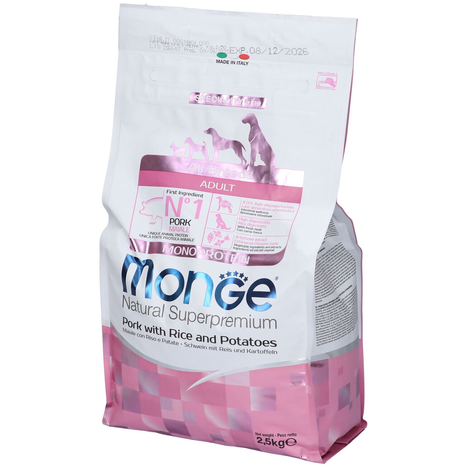 Sacchetto di cibo per cani Monge. Confezione rosa e bianca con informazioni e logo. Contiene 2,5 kg. Prodotto in Italia.
