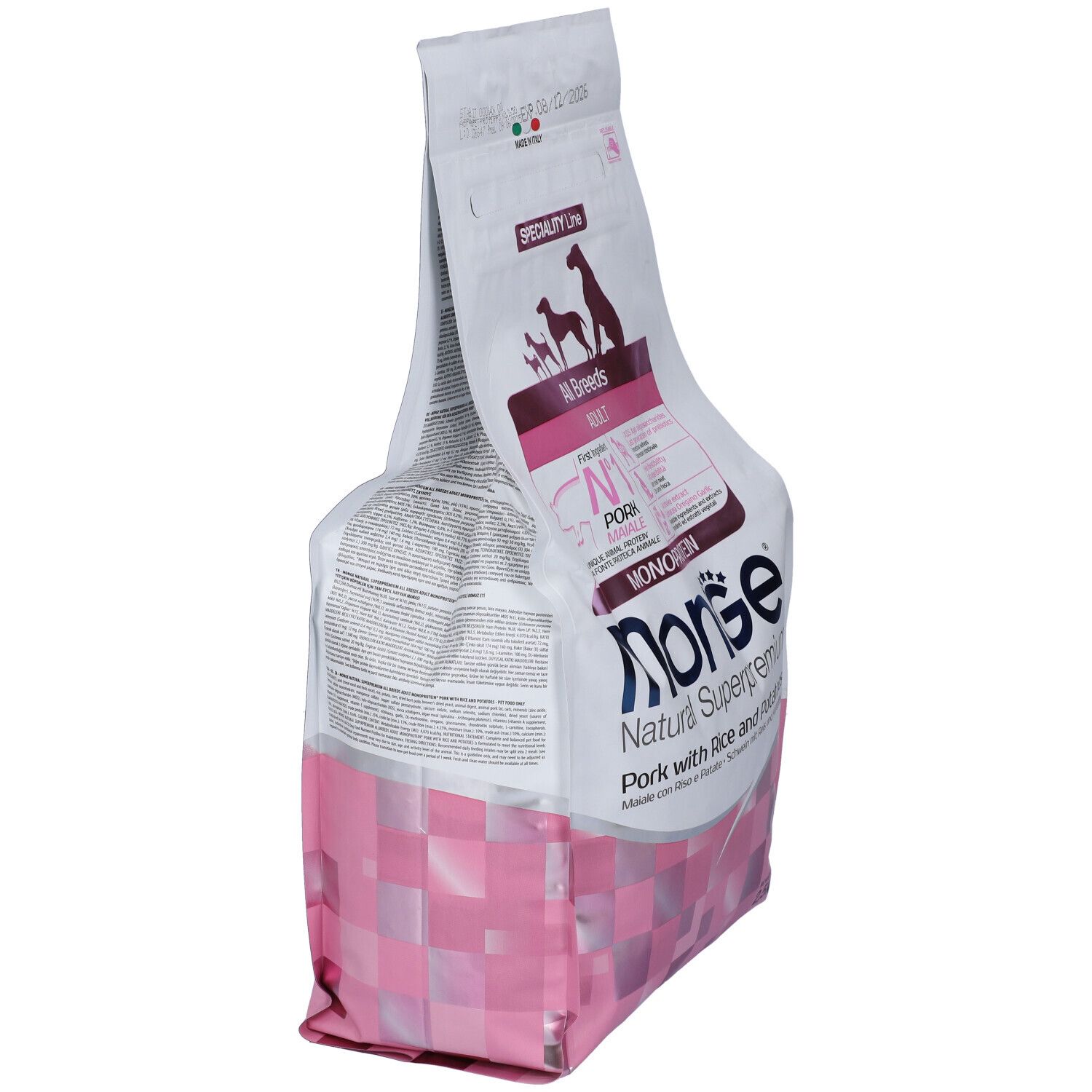 Sacchetto di cibo per cani Monge, vista laterale obliqua. Confezione rosa e bianca con logo e informazioni. Contiene 2,5 kg.