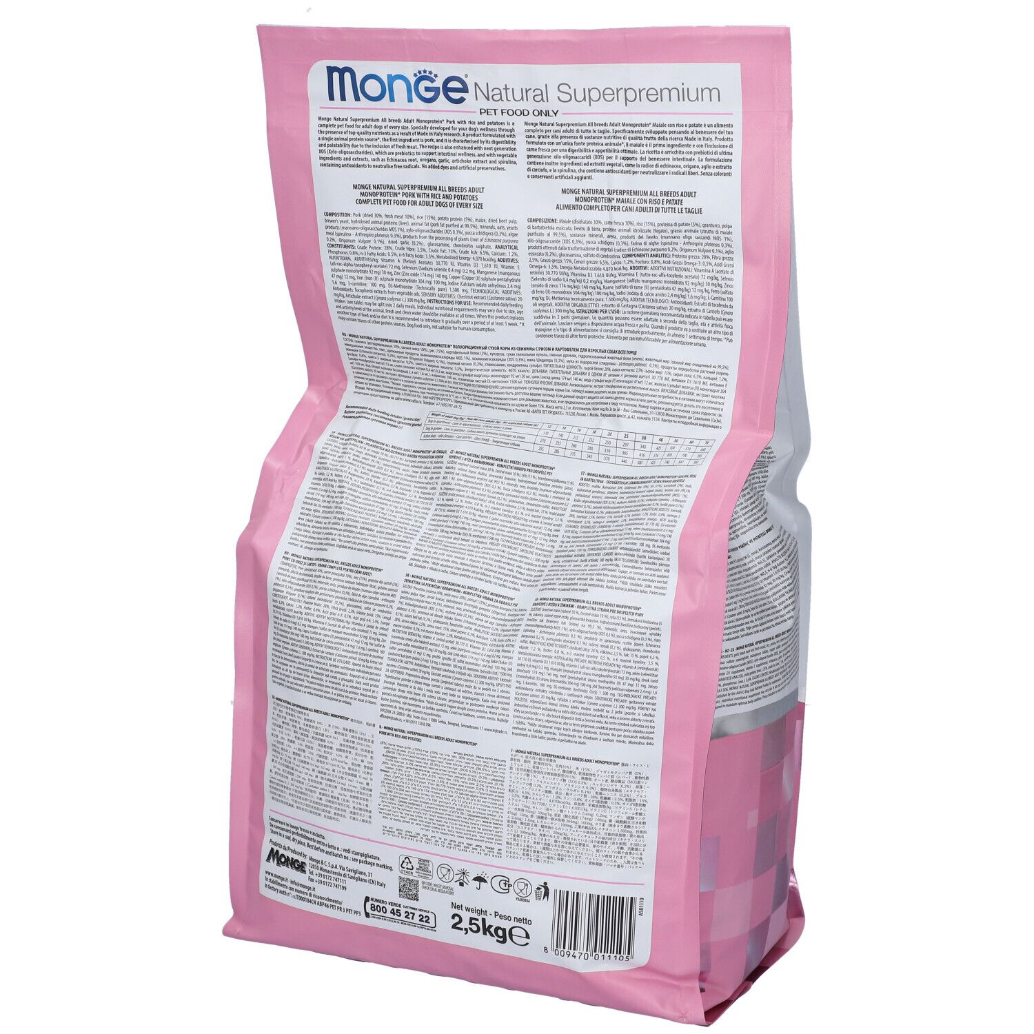 Retro del sacchetto di cibo per cani Monge. Confezione rosa e bianca con testo. Contiene 2,5 kg. Testo multilingue.