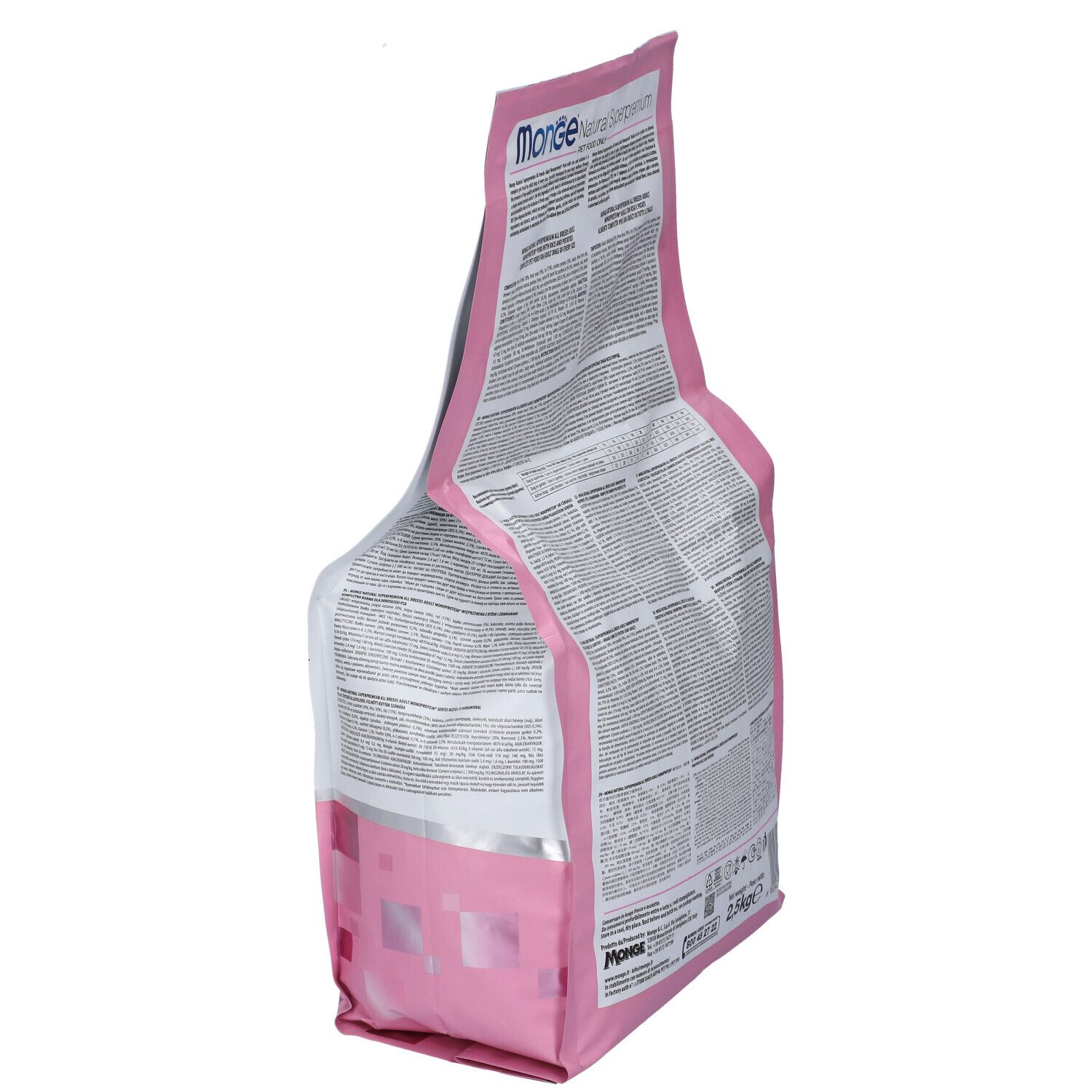 Sacchetto di cibo per cani Monge, vista obliqua posteriore. Confezione rosa e bianca con testo. Contiene 2,5 kg. Testo multilingue.