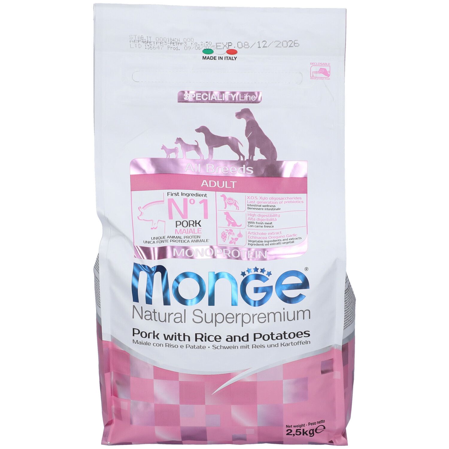 Sacchetto di cibo per cani Monge. Confezione rosa e bianca con logo e informazioni. Contiene 2,5 kg. Prodotto in Italia.
