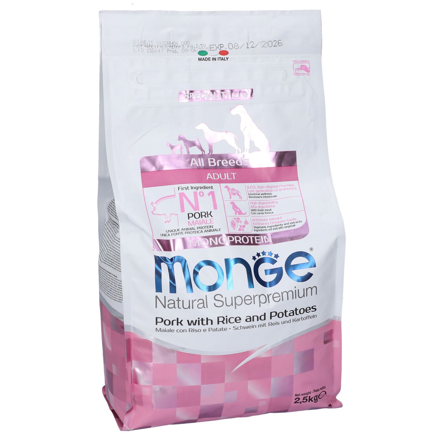 Sacchetto di cibo per cani Monge. Confezione rosa e bianca con logo e informazioni. Contiene 2,5 kg. Prodotto in Italia.