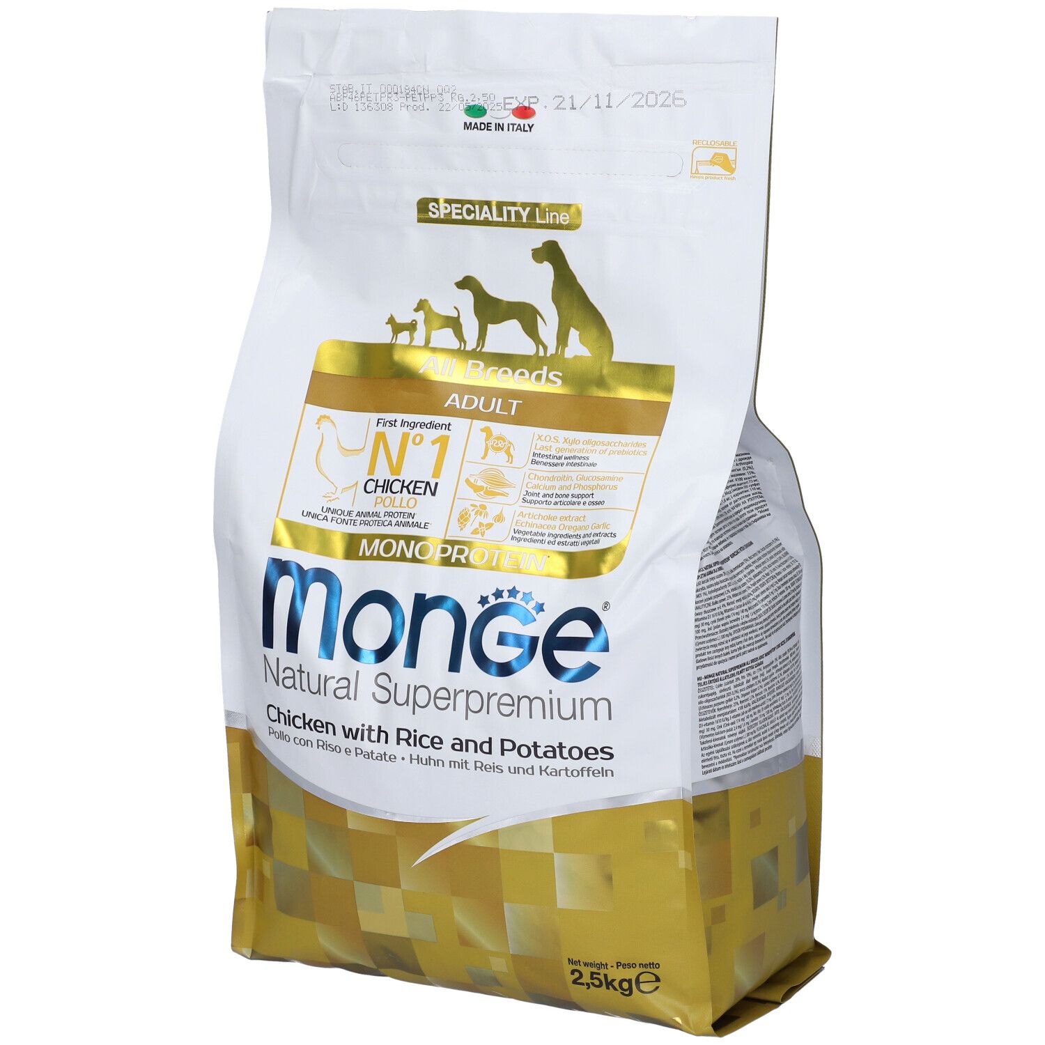 Sacchetto di cibo per cani Monge con pollo, riso e patate. Scritta: Natural Superpremium, Monoprotein, 2,5 kg.