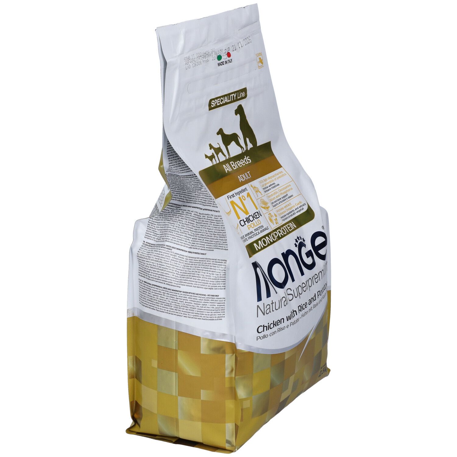 Sacchetto di cibo per cani Monge, in diagonale. Scritta: Natural Superpremium, Monoprotein, pollo, riso e patate.