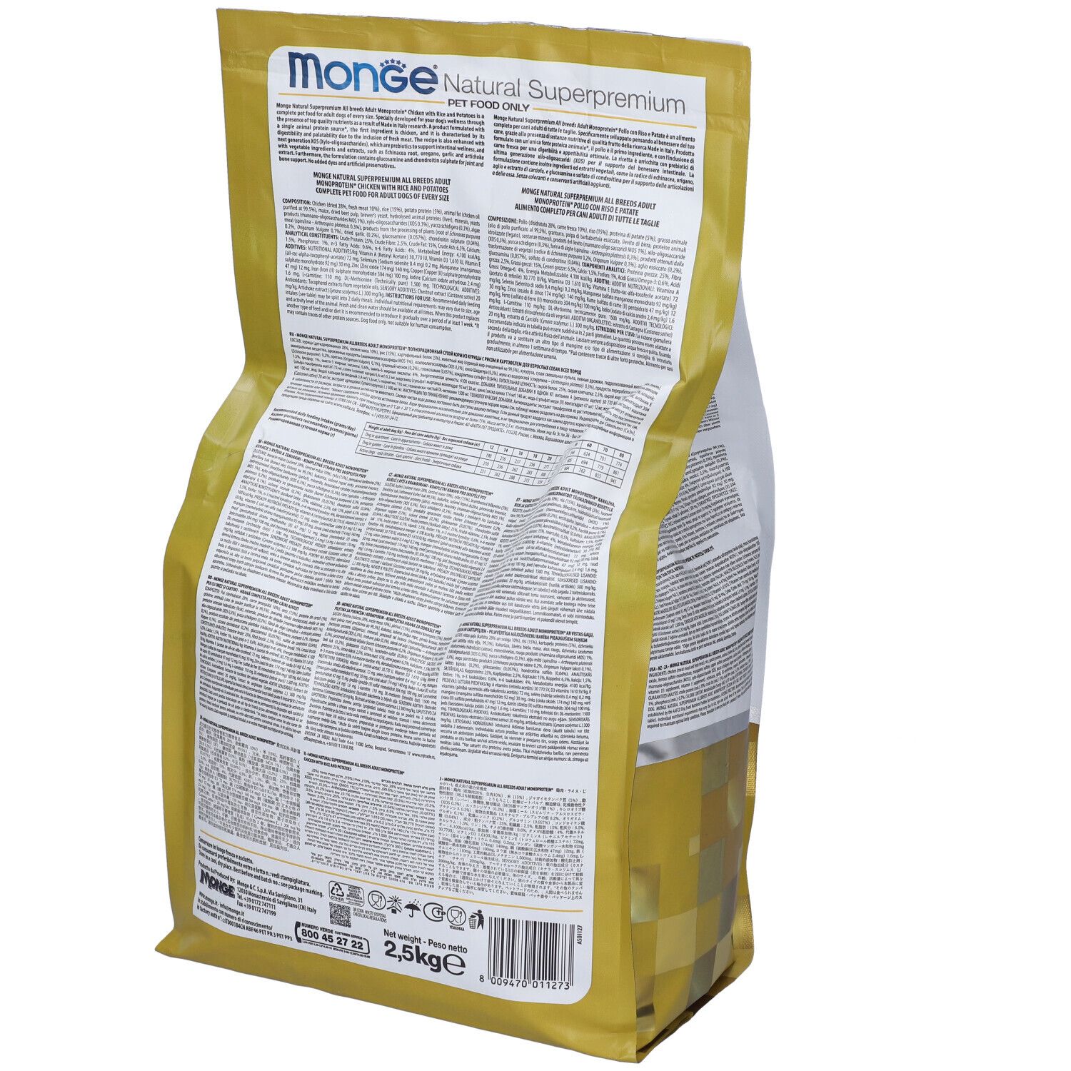 Retro del sacchetto di cibo per cani Monge. Informazioni testuali e nutrizionali. Scritta: 2,5 kg.