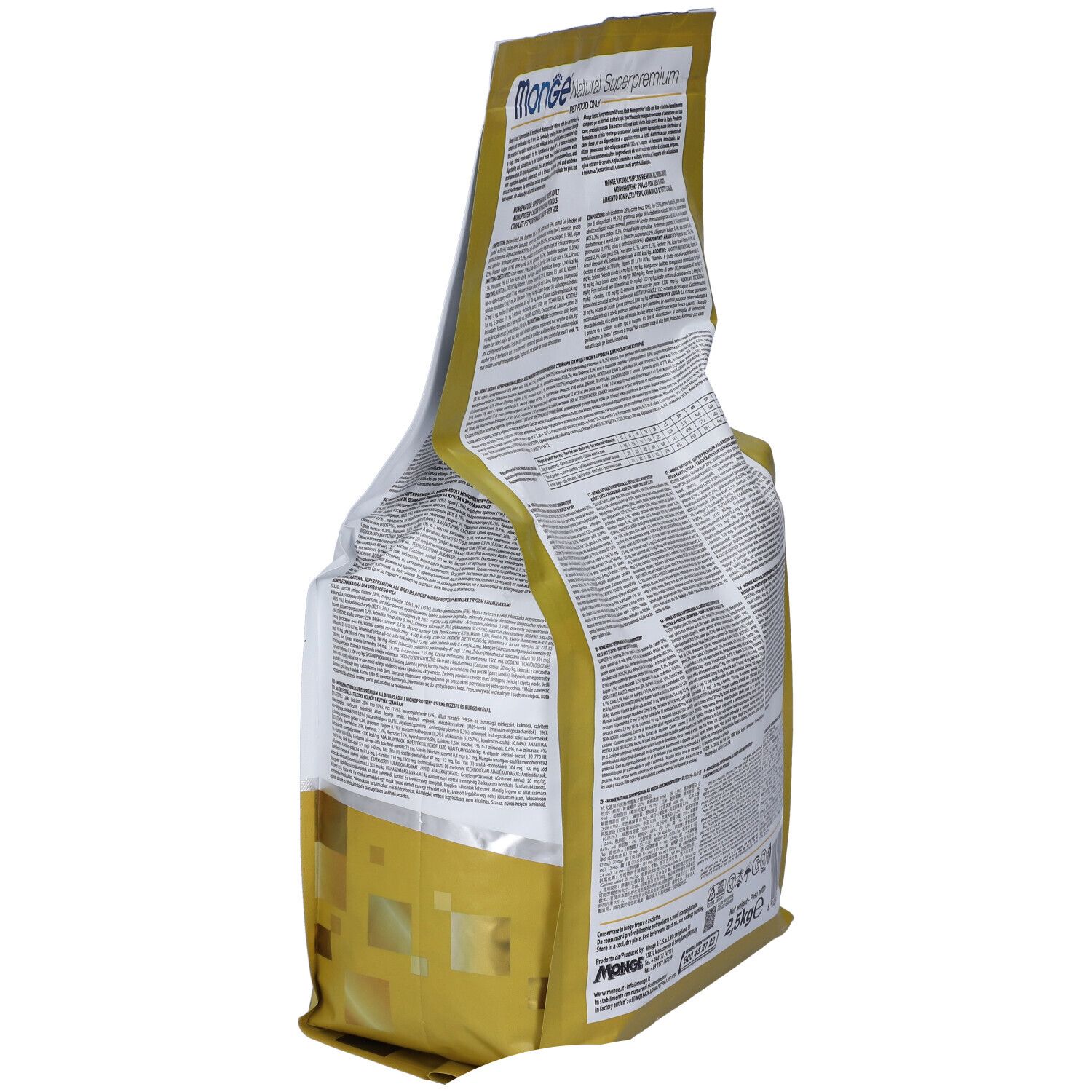 Sacchetto di cibo per cani Monge, in diagonale da dietro. Informazioni testuali e nutrizionali. Scritta: 2,5 kg.