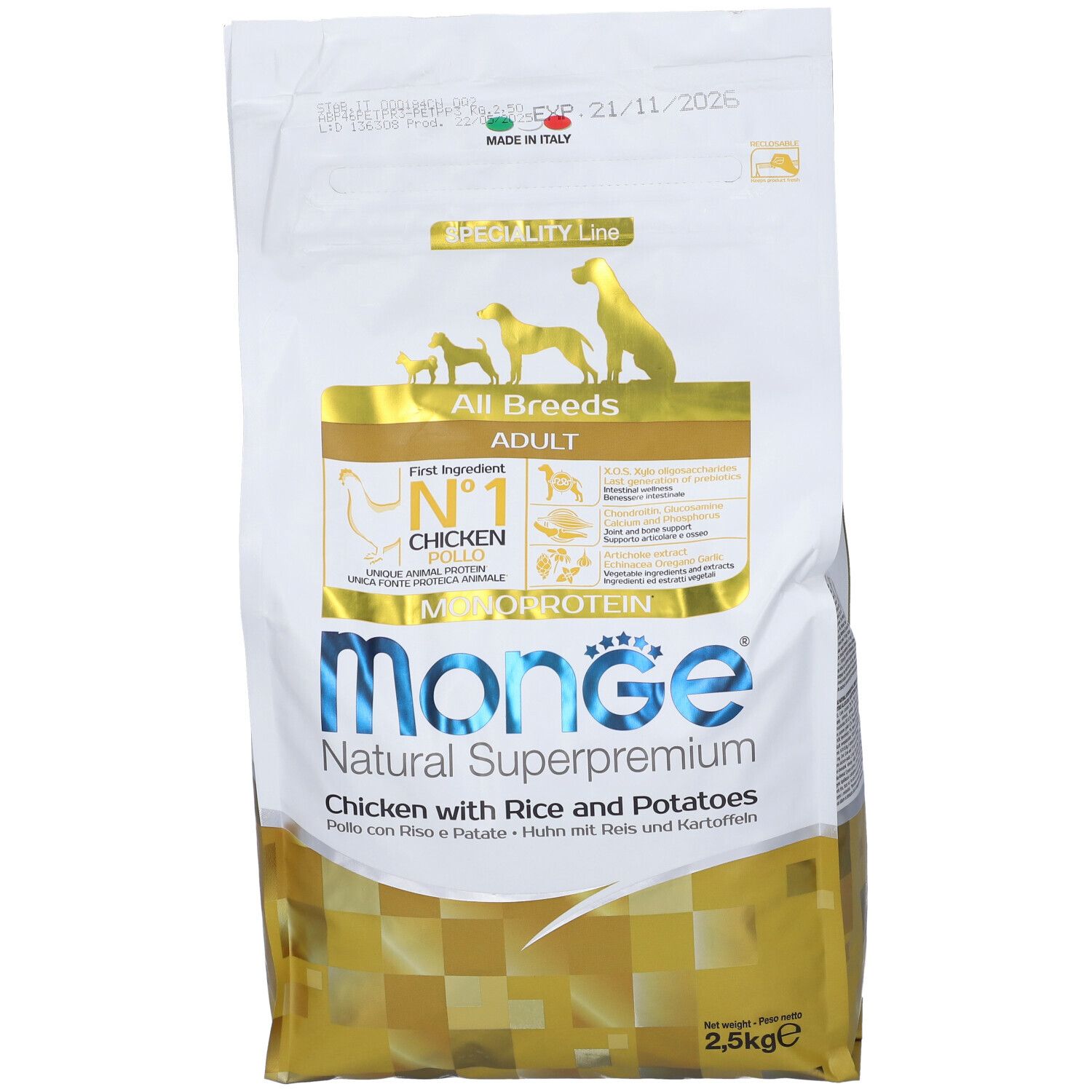 Sacchetto di cibo per cani Monge con pollo, riso e patate. Scritta: Natural Superpremium, Monoprotein, 2,5 kg.