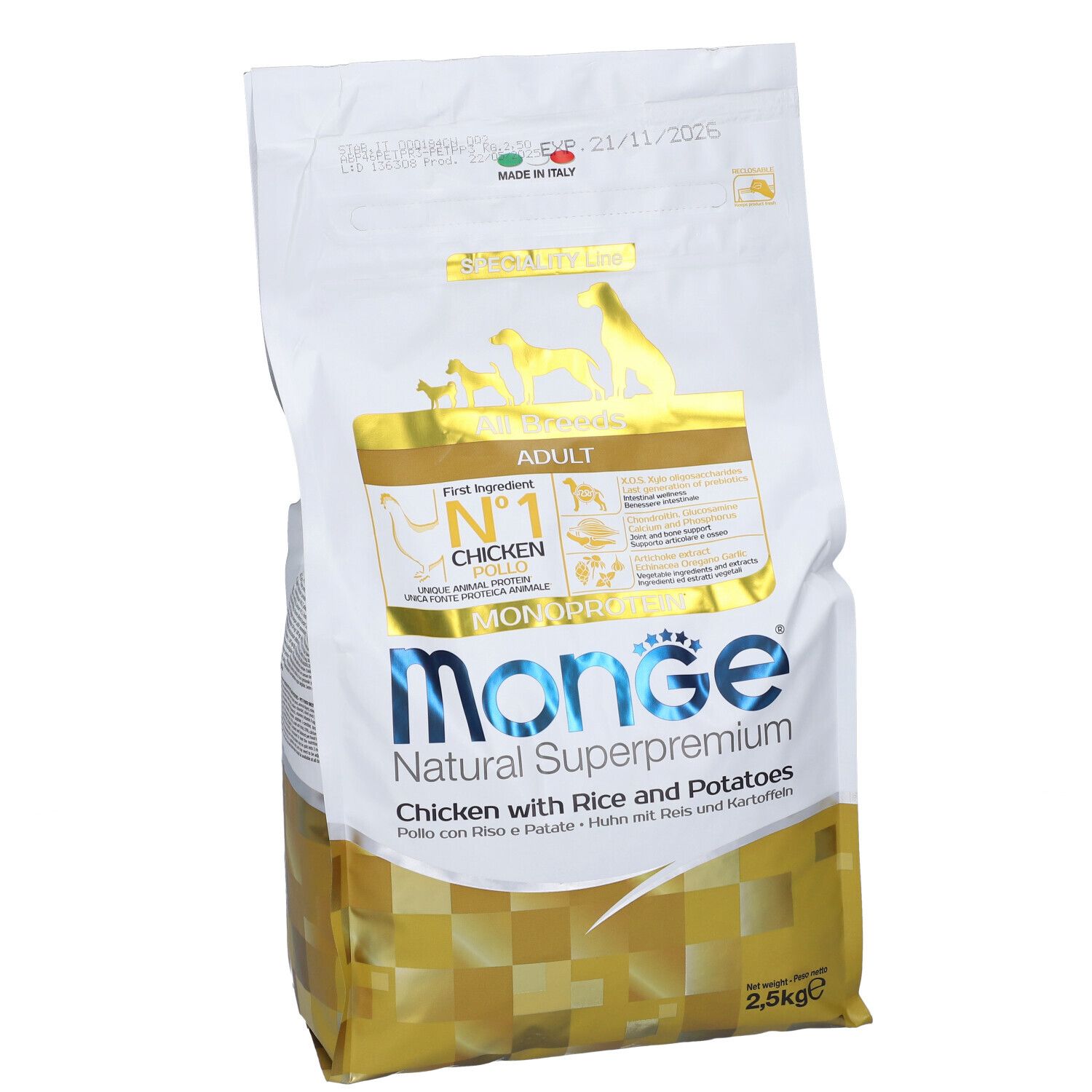 Sacchetto di cibo per cani Monge con pollo, riso e patate. Scritta: Natural Superpremium, Monoprotein, 2,5 kg.