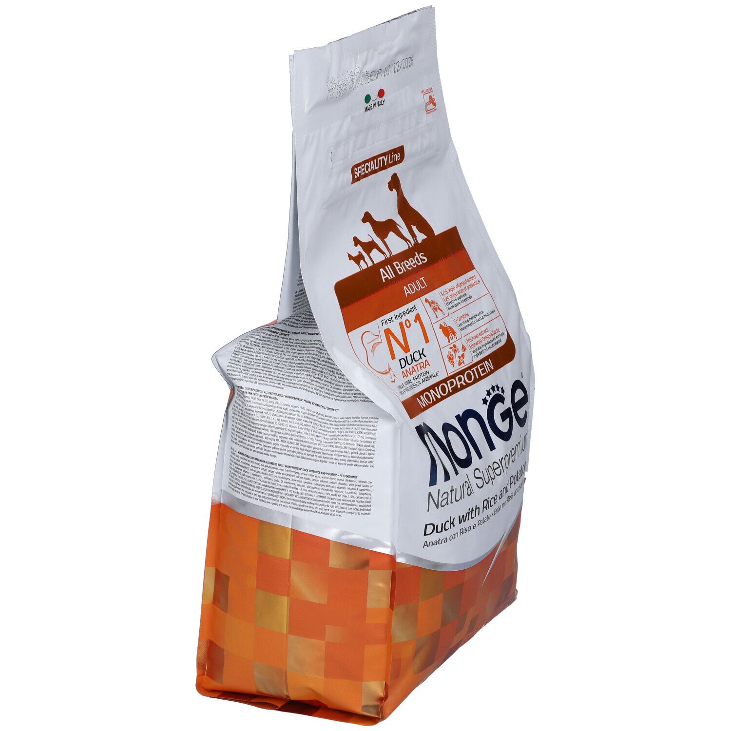 Vista obliqua del sacco di cibo per cani. Scritto: Monge, Natural Superpremium. Confezione arancione e bianca. 2,5 kg.
