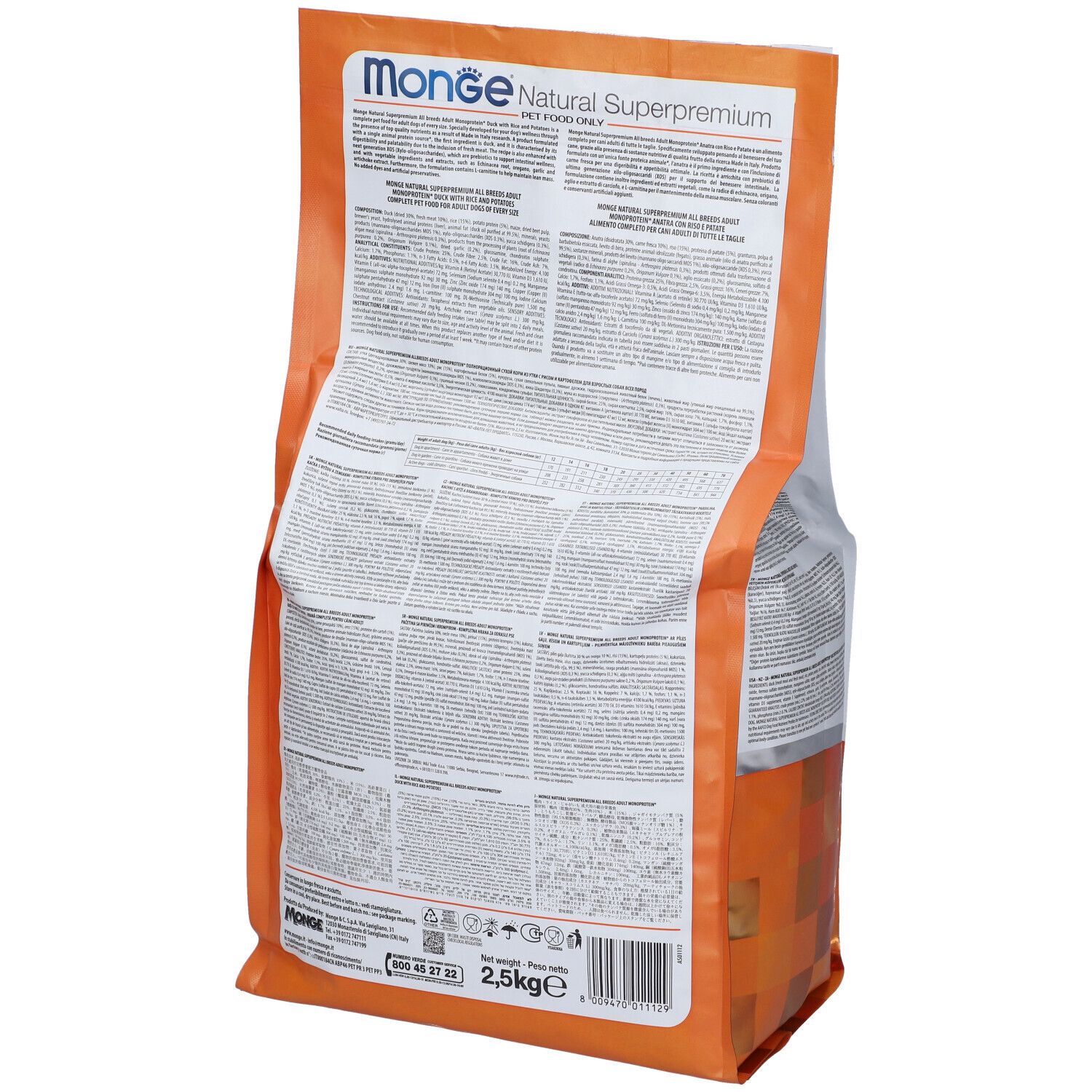 Retro del sacco di cibo per cani. Testo in più lingue. Sfondo arancione e bianco. 2,5 kg.