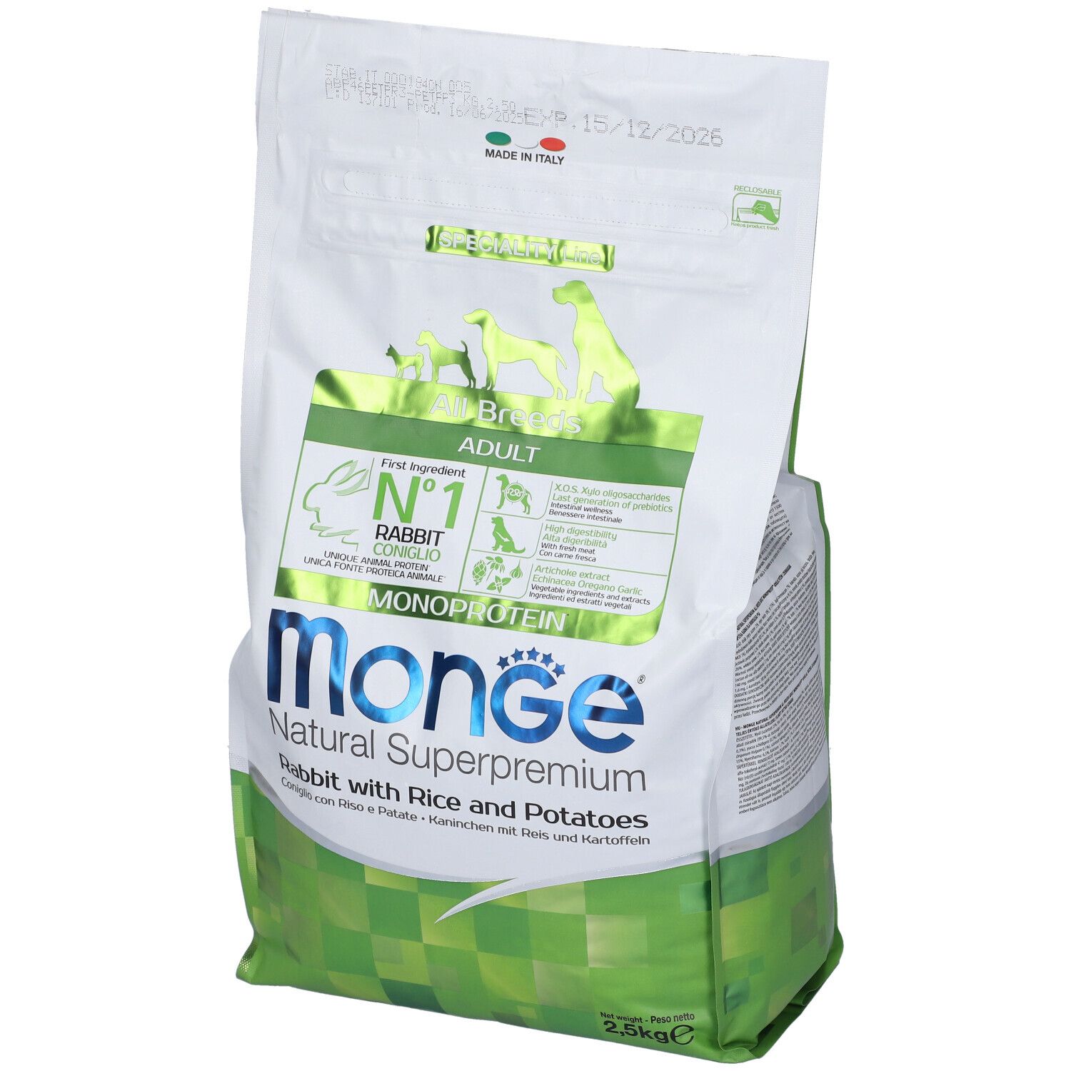 Sacchetto di cibo per cani Monge Natural Superpremium. Contiene coniglio, riso e patate. 2,5 kg.