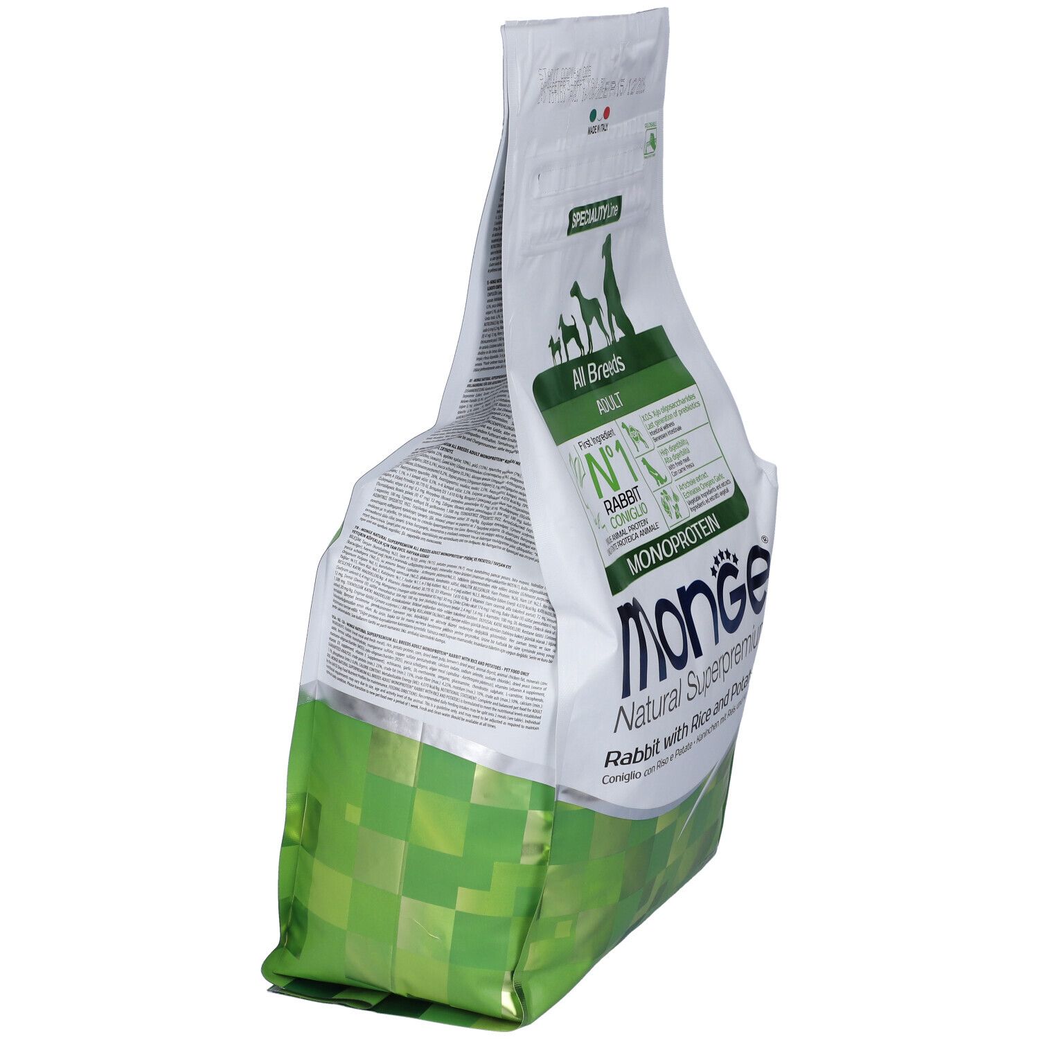 Sacchetto di cibo per cani Monge, vista laterale. Confezione verde e bianca con informazioni. Contiene coniglio, riso e patate.