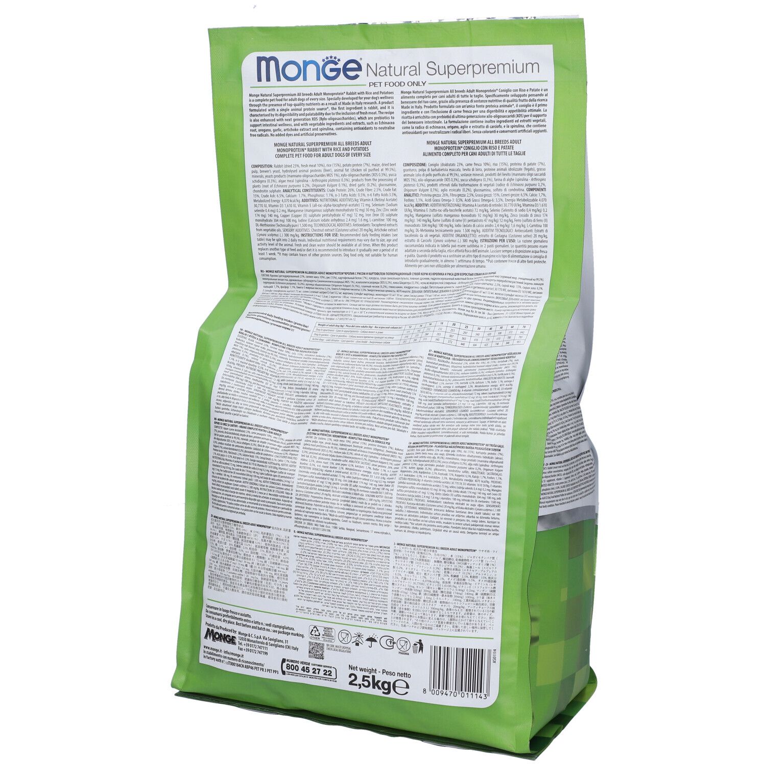 Retro del sacchetto di cibo per cani Monge. Informazioni testuali su sfondo verde. Contiene informazioni e codice a barre.