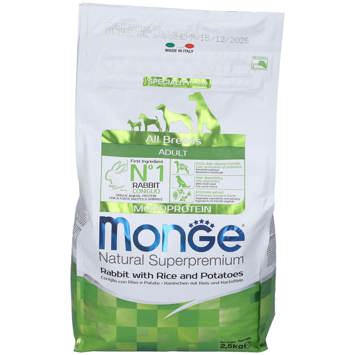 Sacchetto di cibo per cani Monge Natural Superpremium. Contiene coniglio, riso e patate. Confezione verde e bianca con logo.