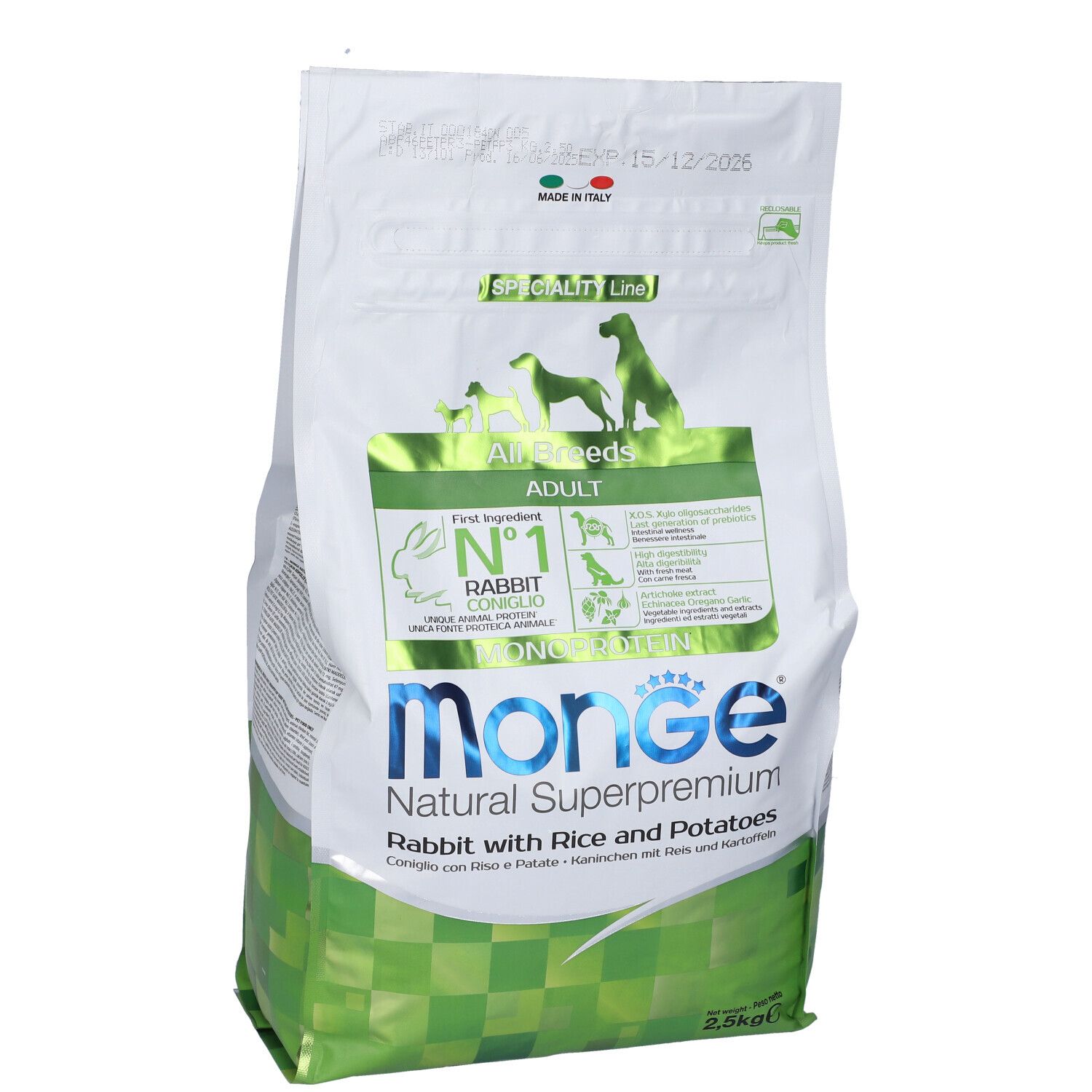 Sacchetto di cibo per cani Monge Natural Superpremium. Contiene coniglio, riso e patate. Confezione verde e bianca con logo.