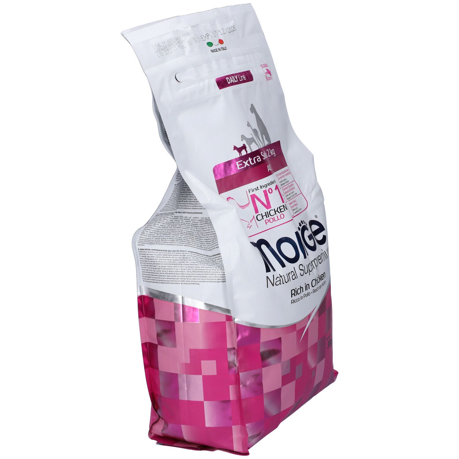 Sacchetto di cibo per cani Monge, in diagonale. Scritto: Extra Small Adult, 3kg. Design rosa e bianco.