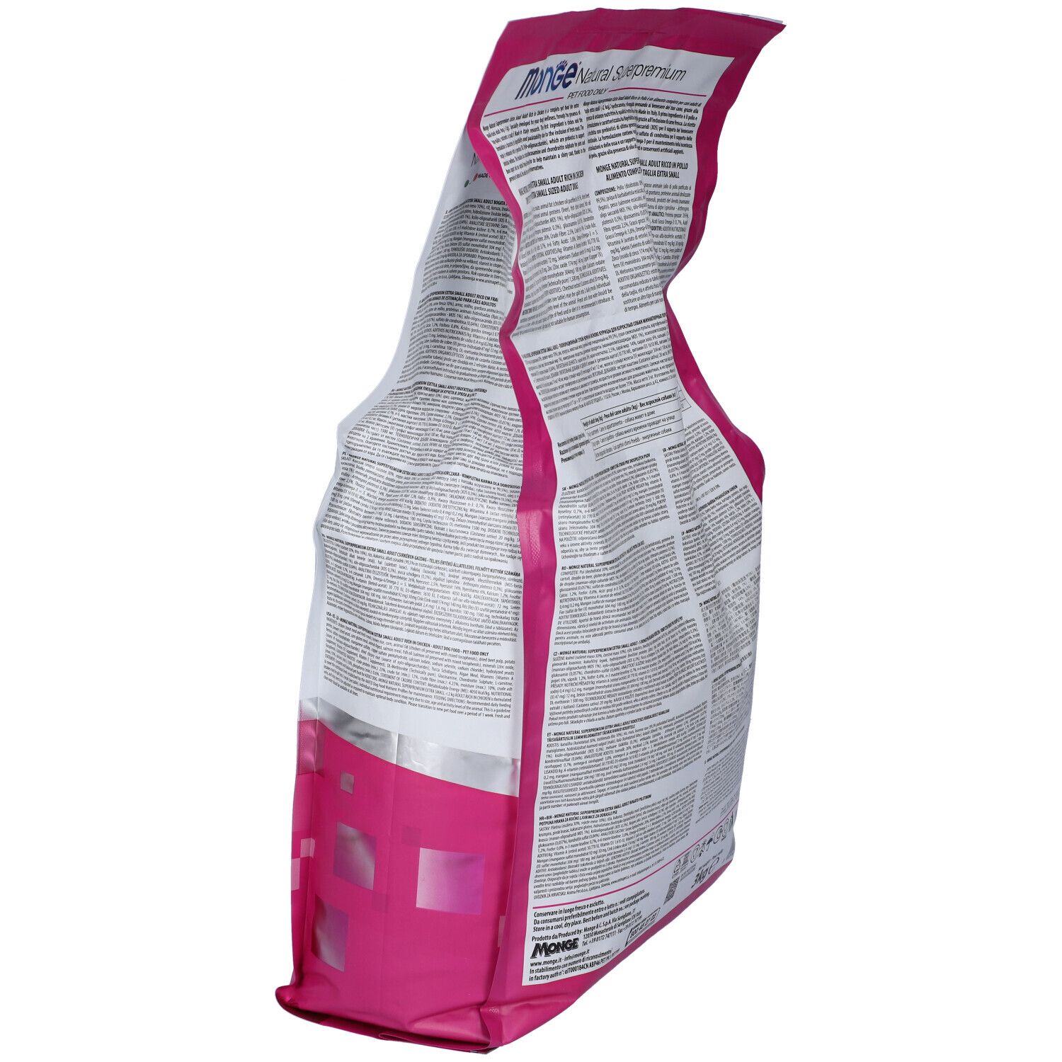 Sacchetto di cibo per cani Monge, in diagonale. Retro con testo. Design rosa e bianco.