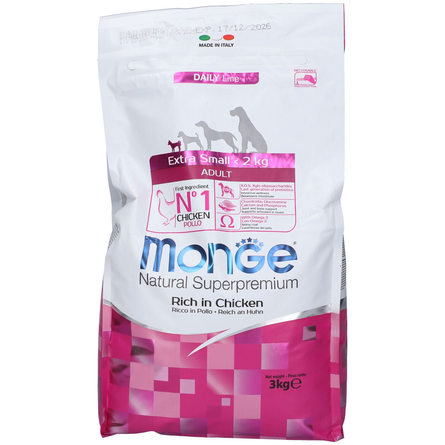 Sacchetto di cibo per cani Monge. Scritto: Extra Small Adult, 3kg. Design rosa e bianco. Vista del prodotto.