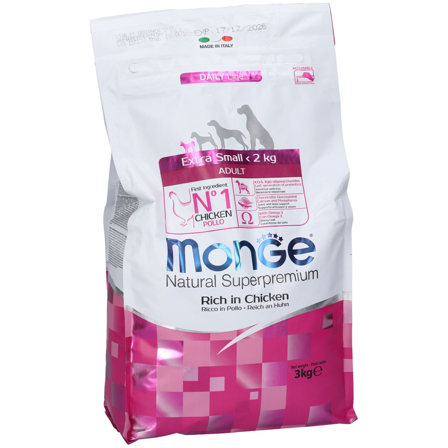 Sacchetto di cibo per cani Monge, in diagonale. Scritto: Extra Small Adult, 3kg. Design rosa e bianco.