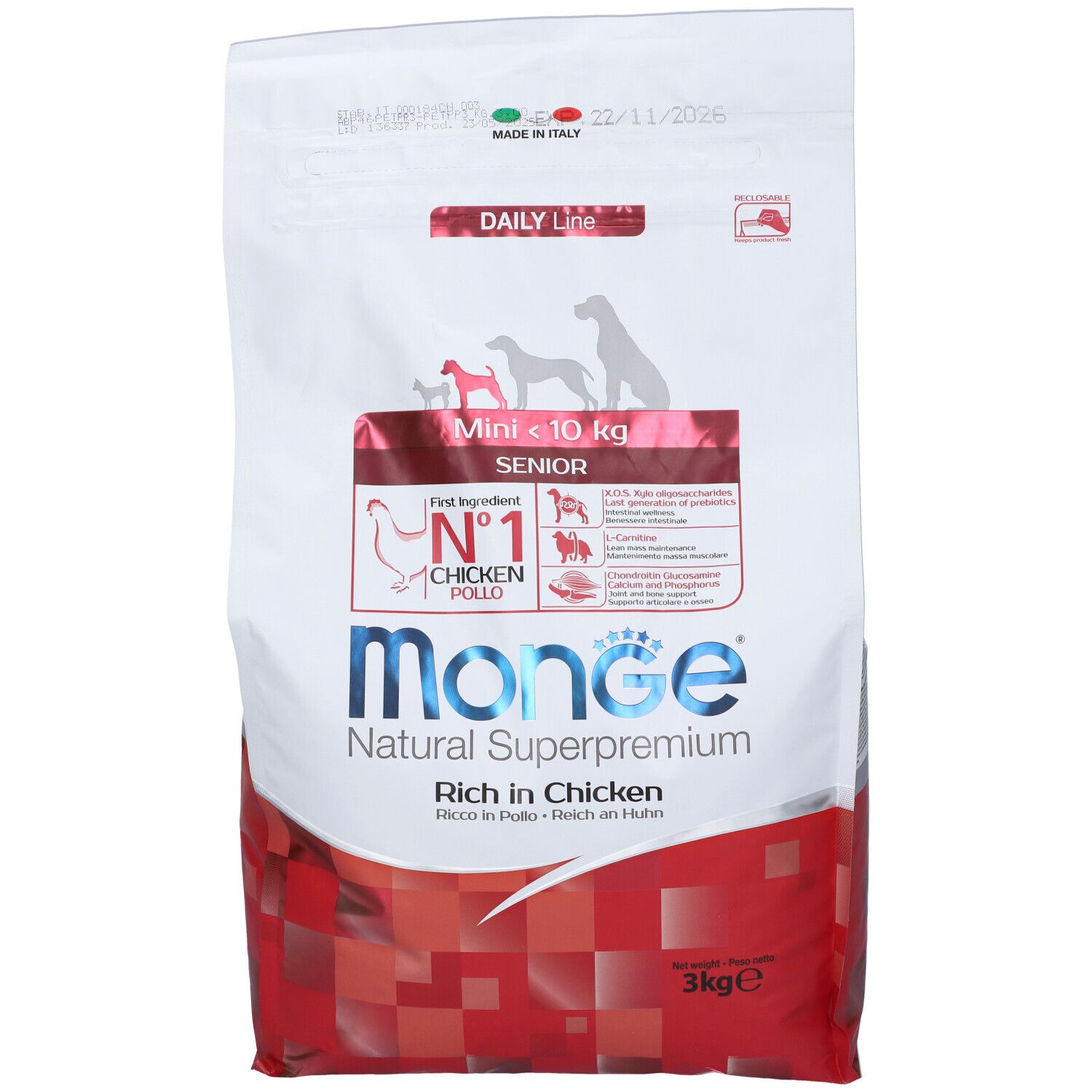 Monge Mini Senior Daily Line Pollo 3 Kg. Confezione con informazioni sul prodotto. Ingrediente principale: pollo. 3 kg.