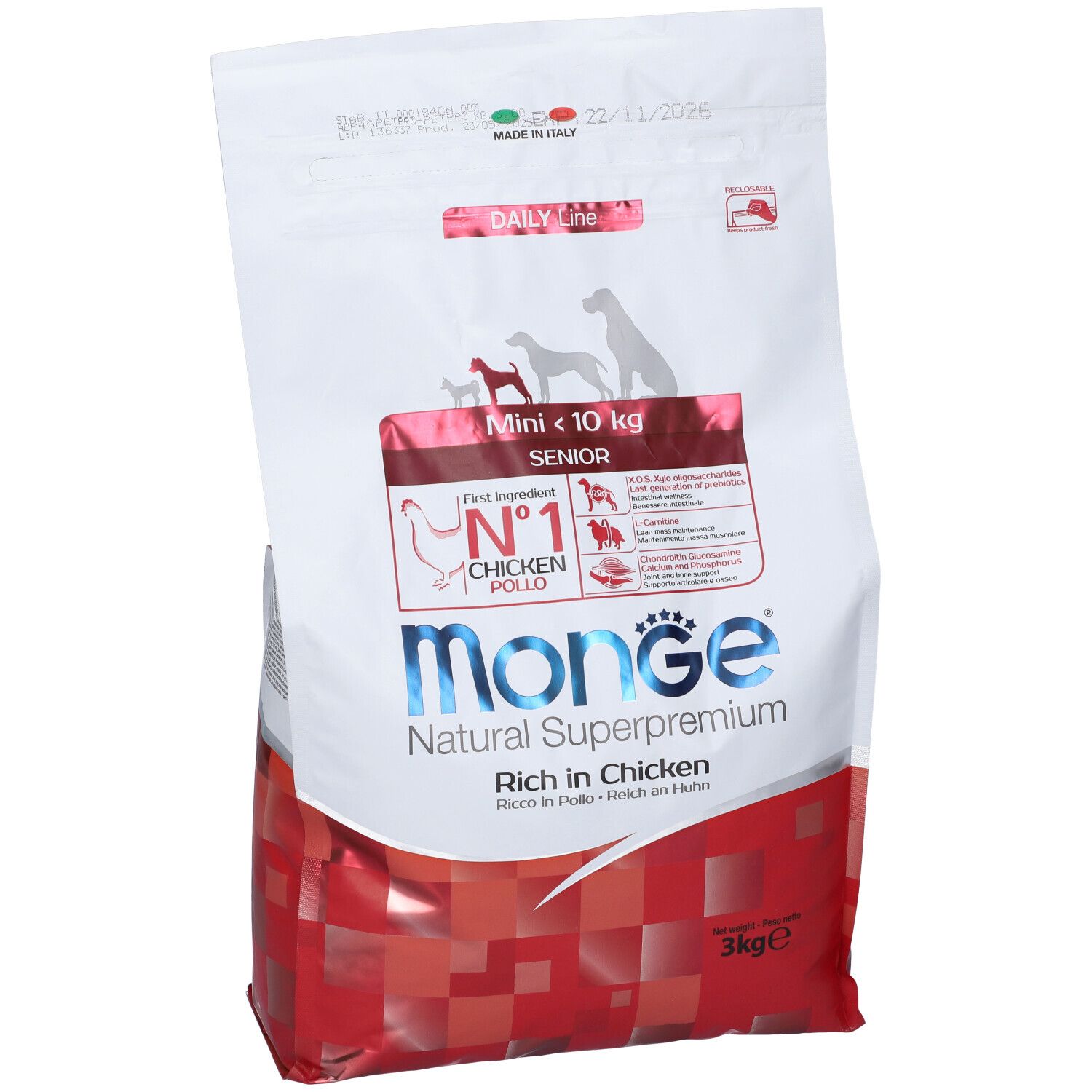 Monge Mini Senior Daily Line Pollo 3 Kg. Confezione con informazioni sul prodotto. Ingrediente principale: pollo. 3 kg.